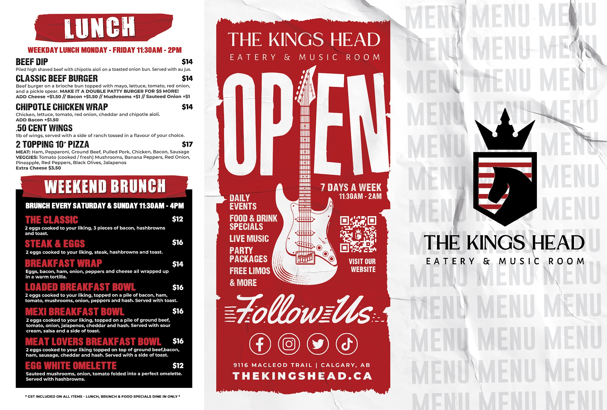 The King's Head Eatery & Music Room Menu