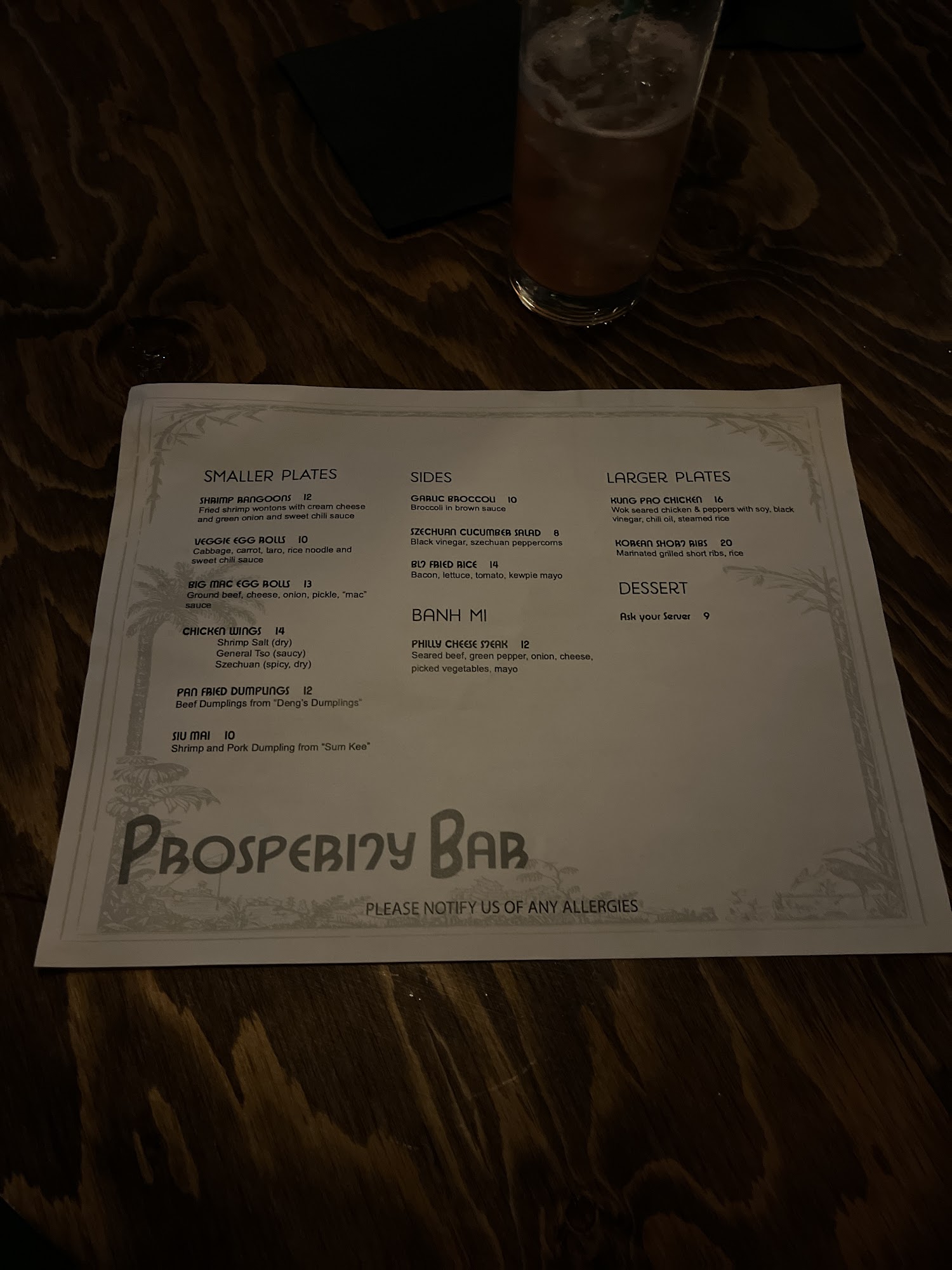 Prosperity Bar Menu