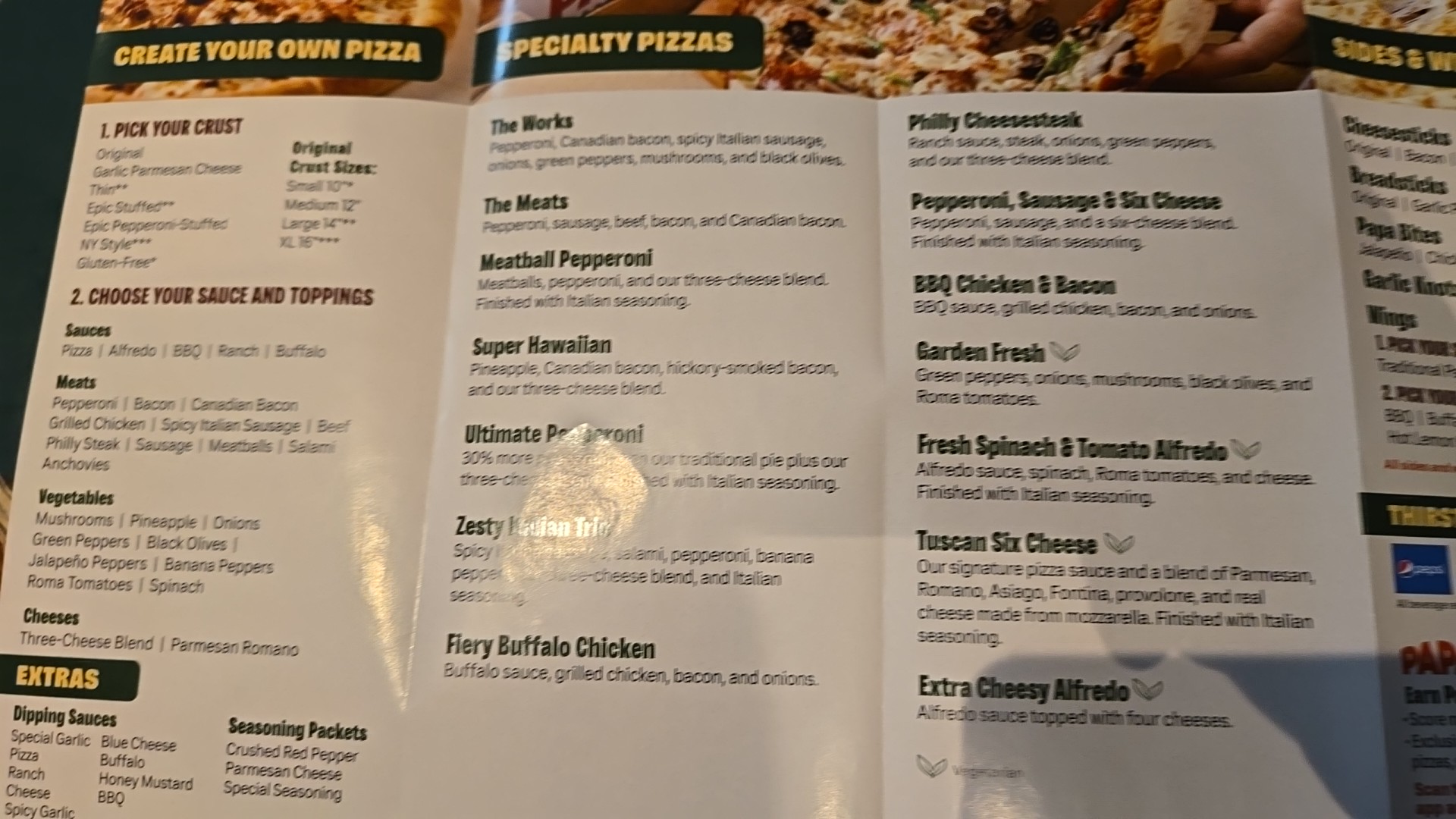 Papa Johns Pizza Menu