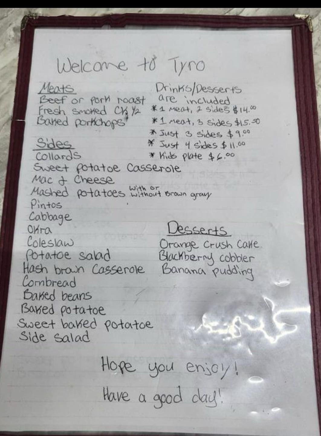 Tyro Sports Grill Menu