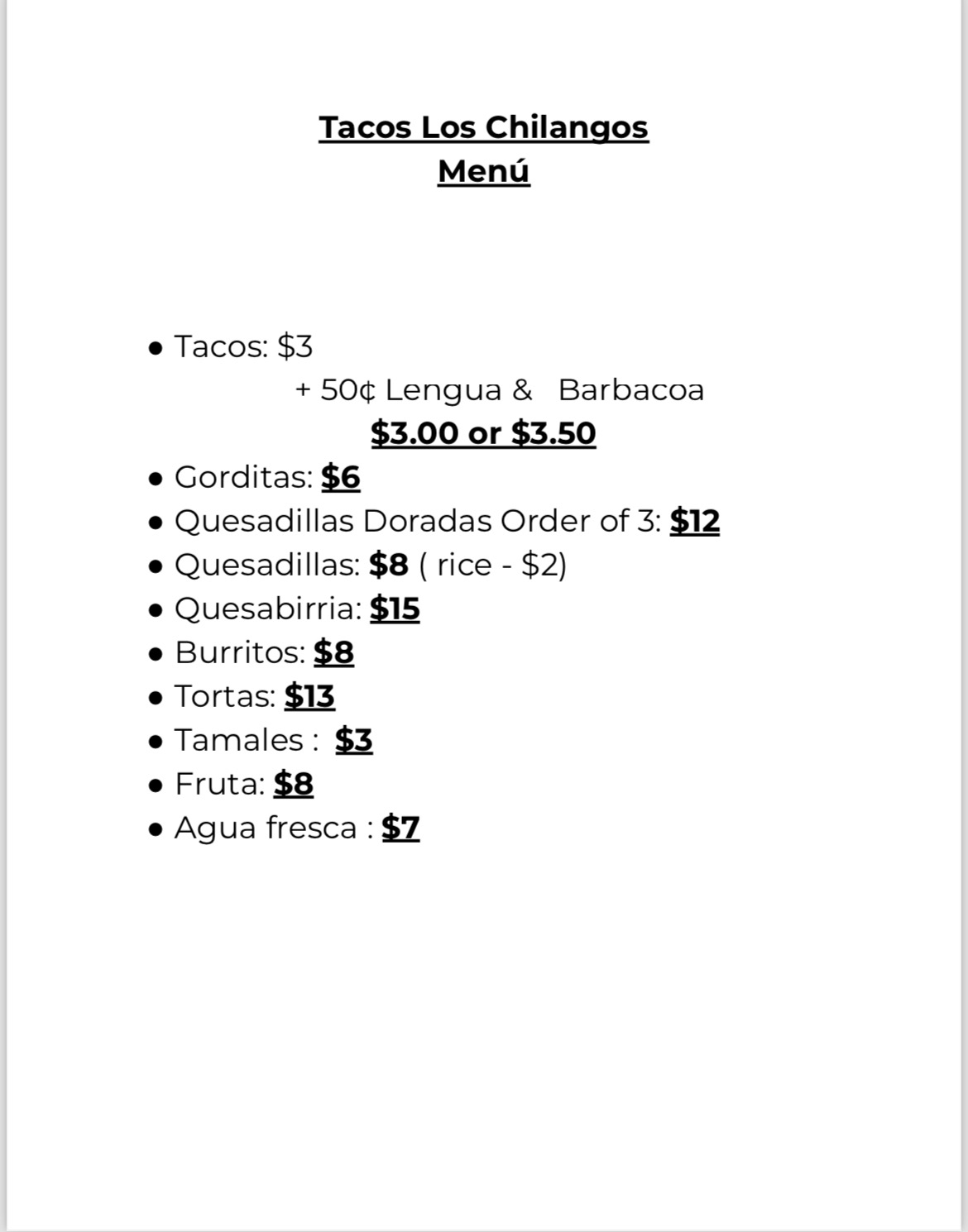 Tacos Los Chilangos Menu