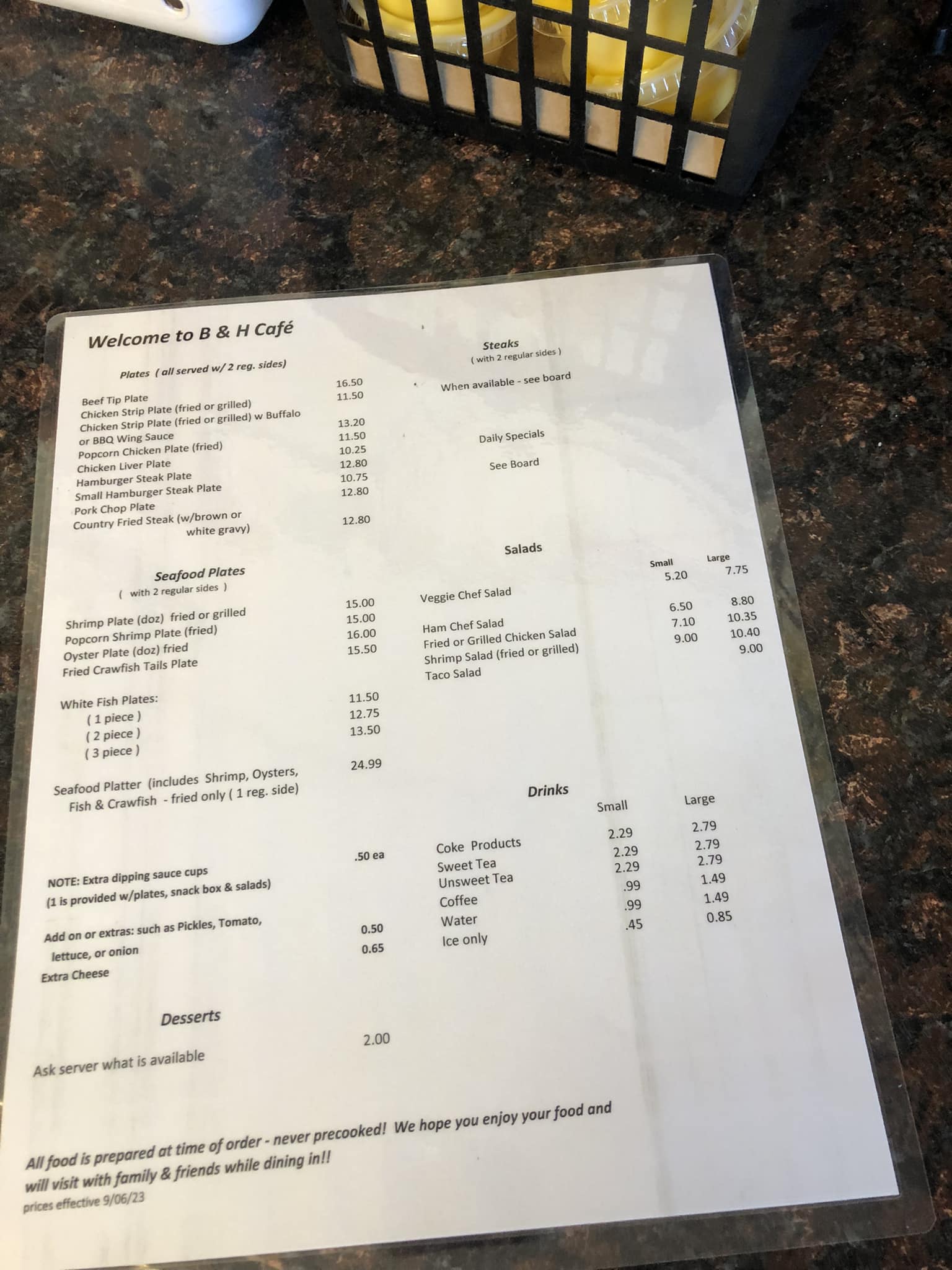 B & H Cafe Menu