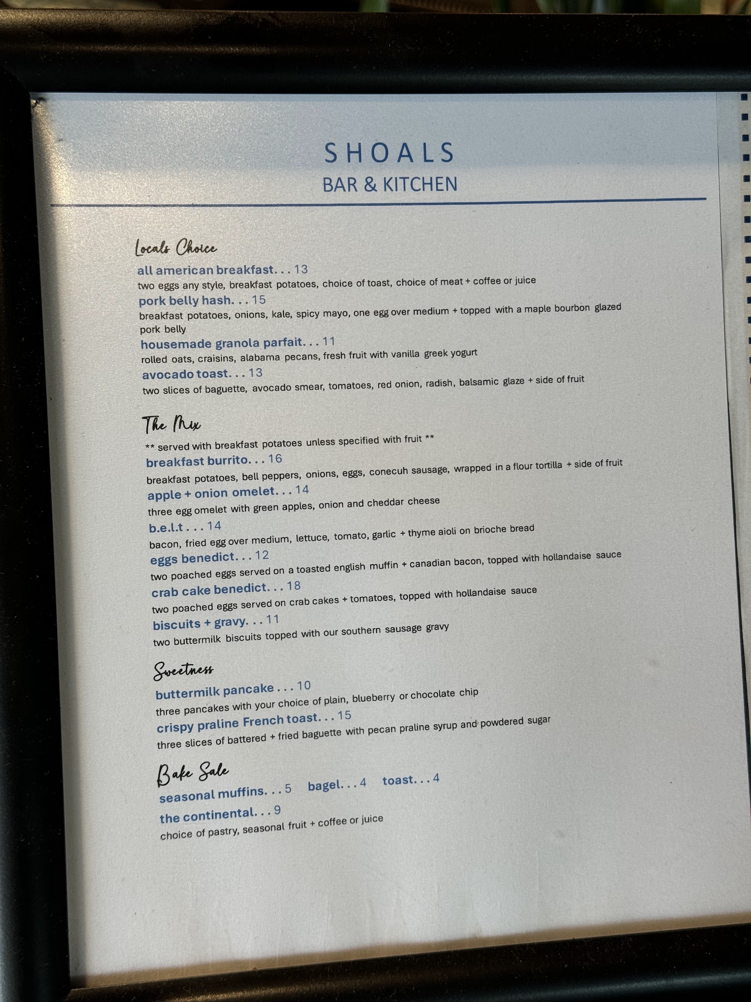 The Shoals Bar and Kitchen Menu
