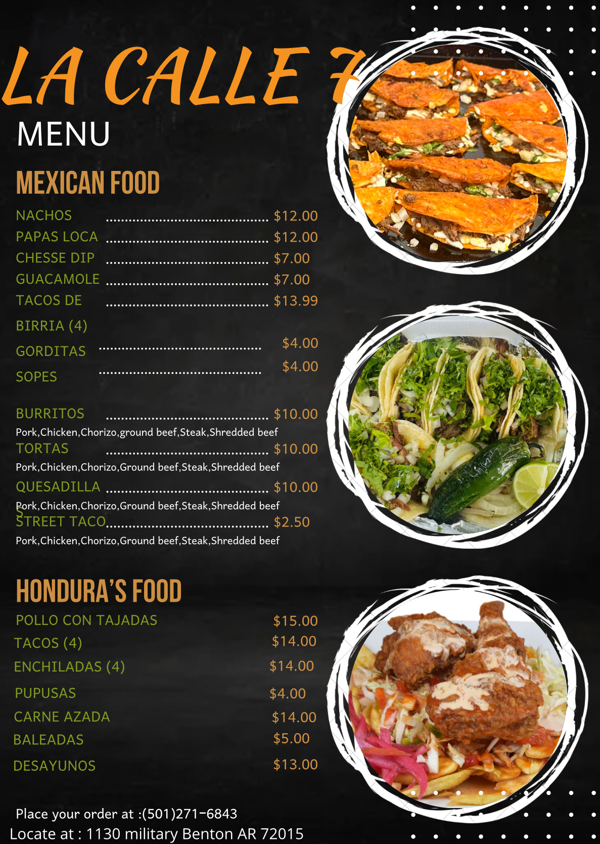 La calle 7 food truck Menu