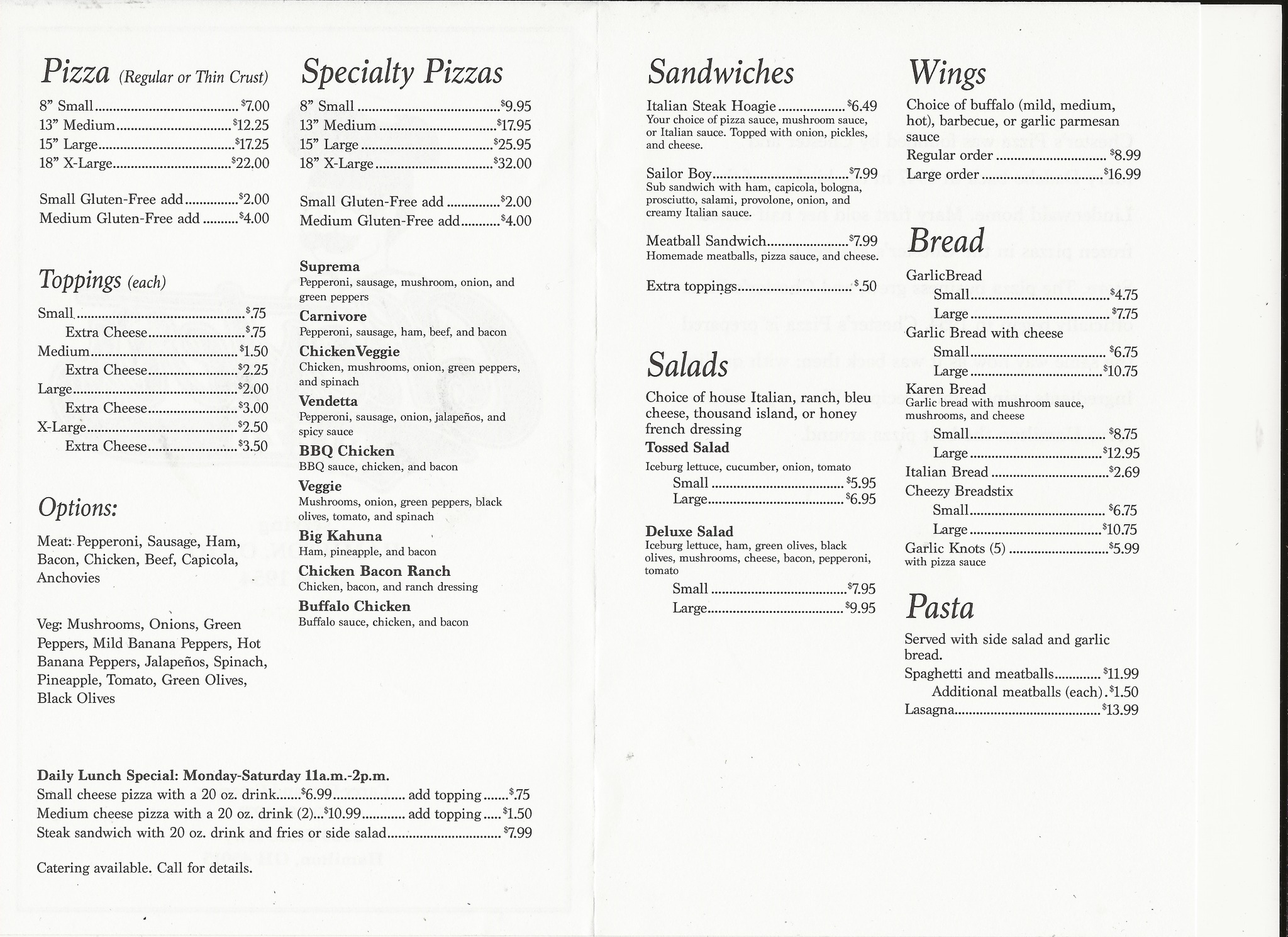 CHESTER'S PIZZA Menu