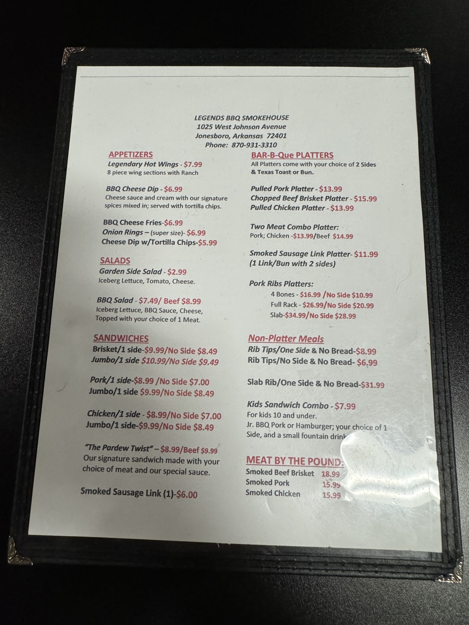 Legends BBQ Smokehouse Menu