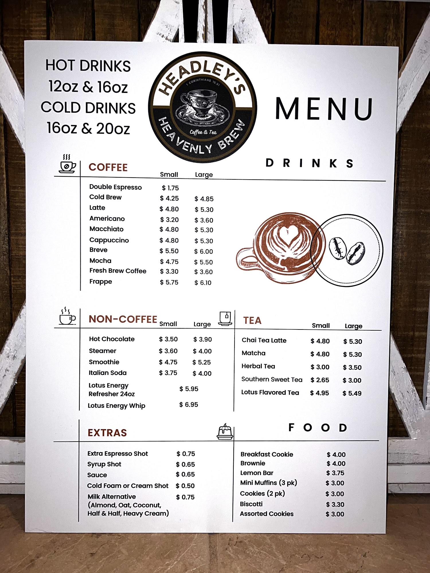 Headley’s Heavenly Brew Menu