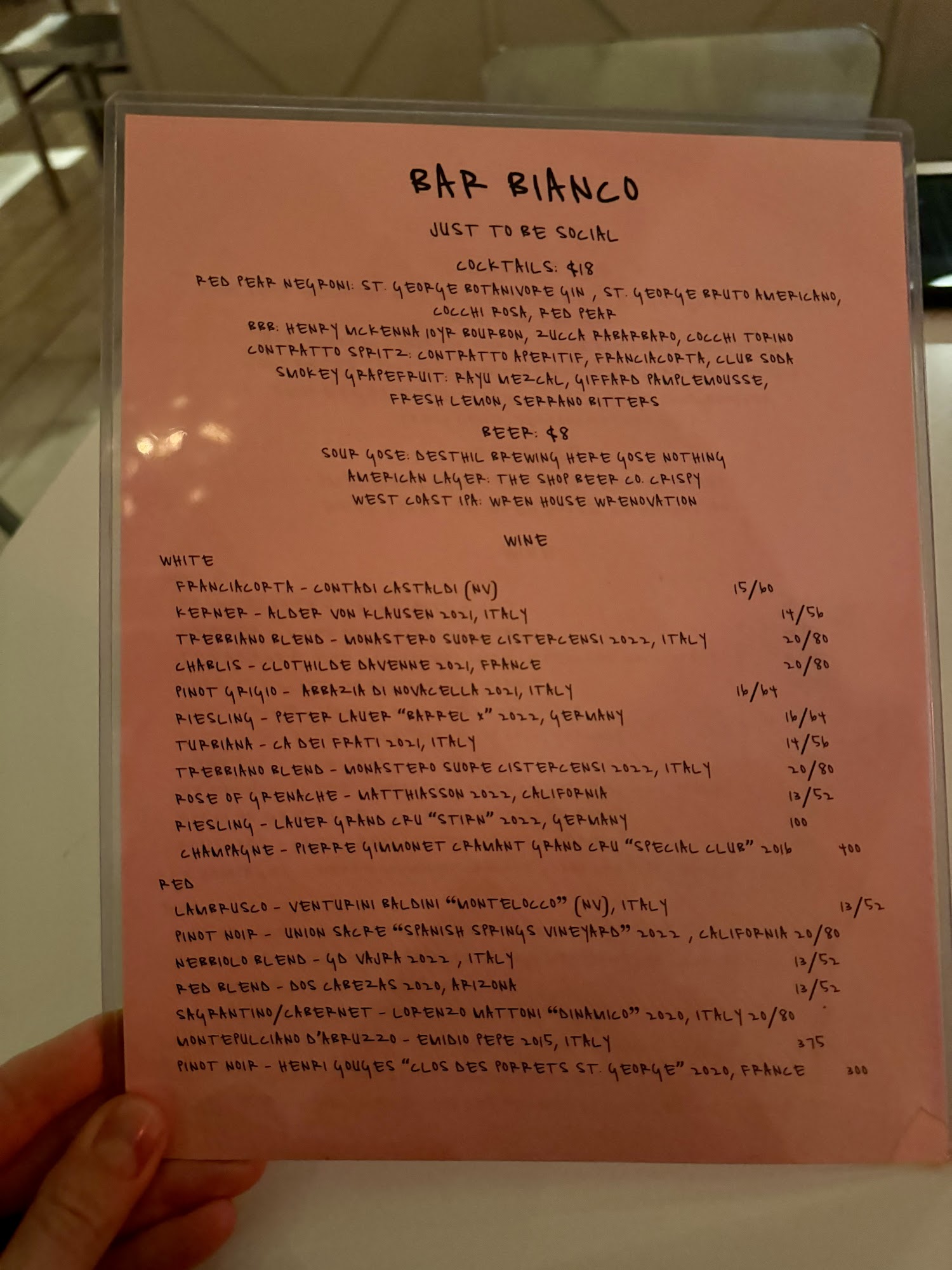 Bar Bianco Menu