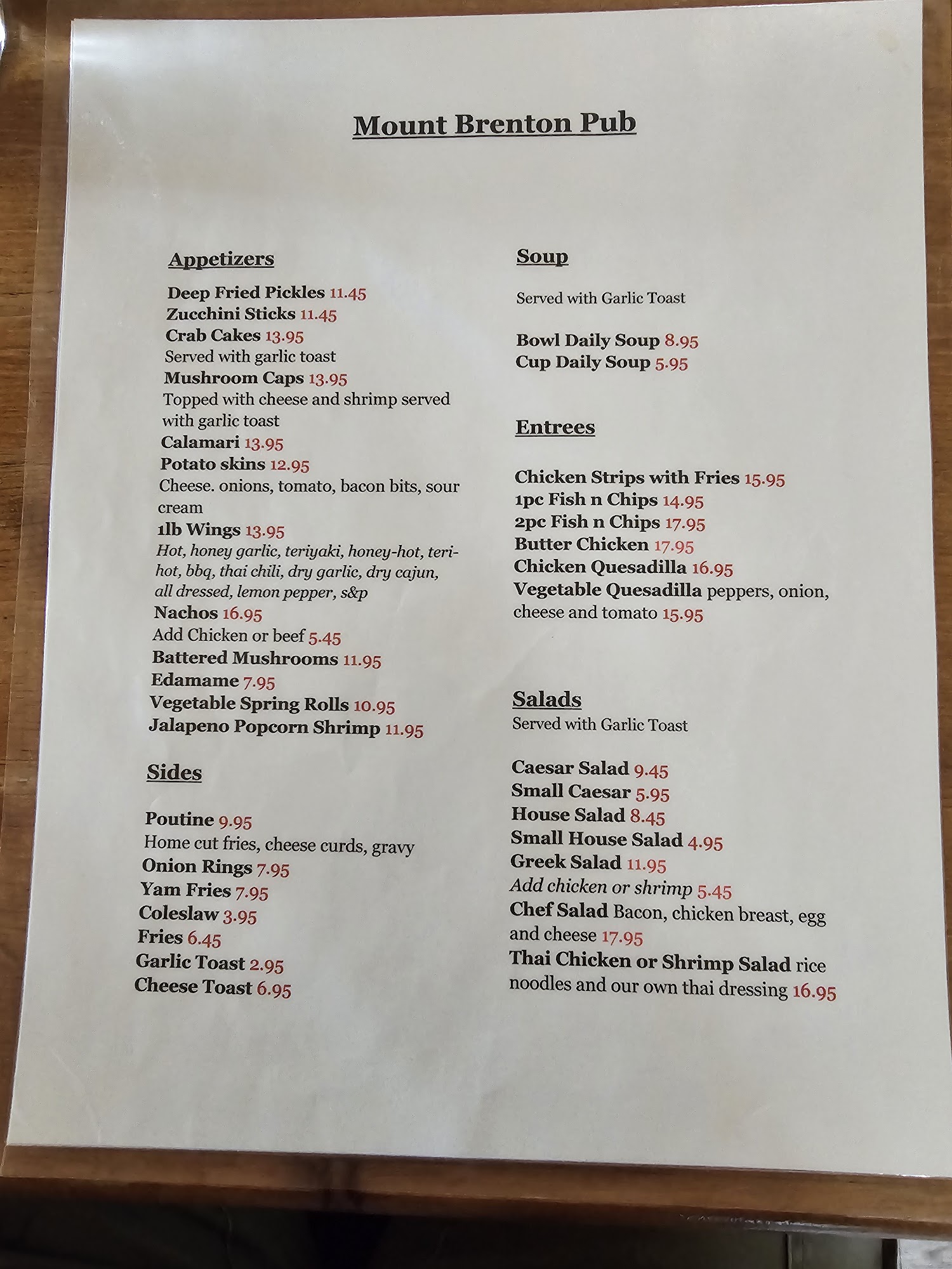 Mount Brenton Pub Menu