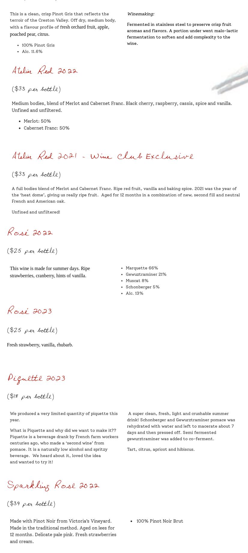 Red Bird Estate Winery Menu