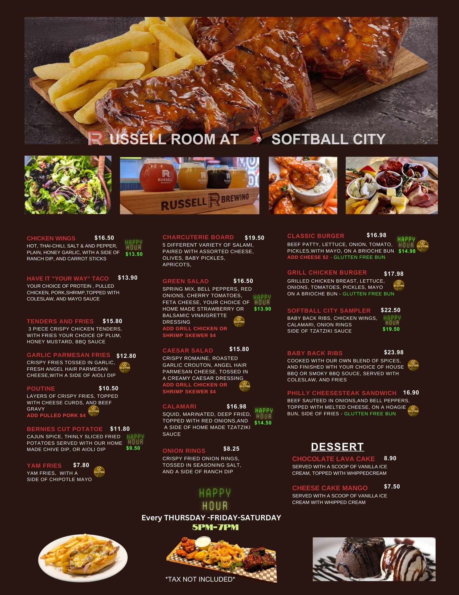 Russell Room At Softball City Menu