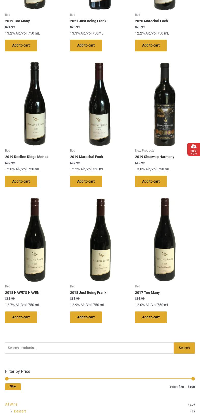 Recline Ridge Vineyards & Winery Ltd Menu