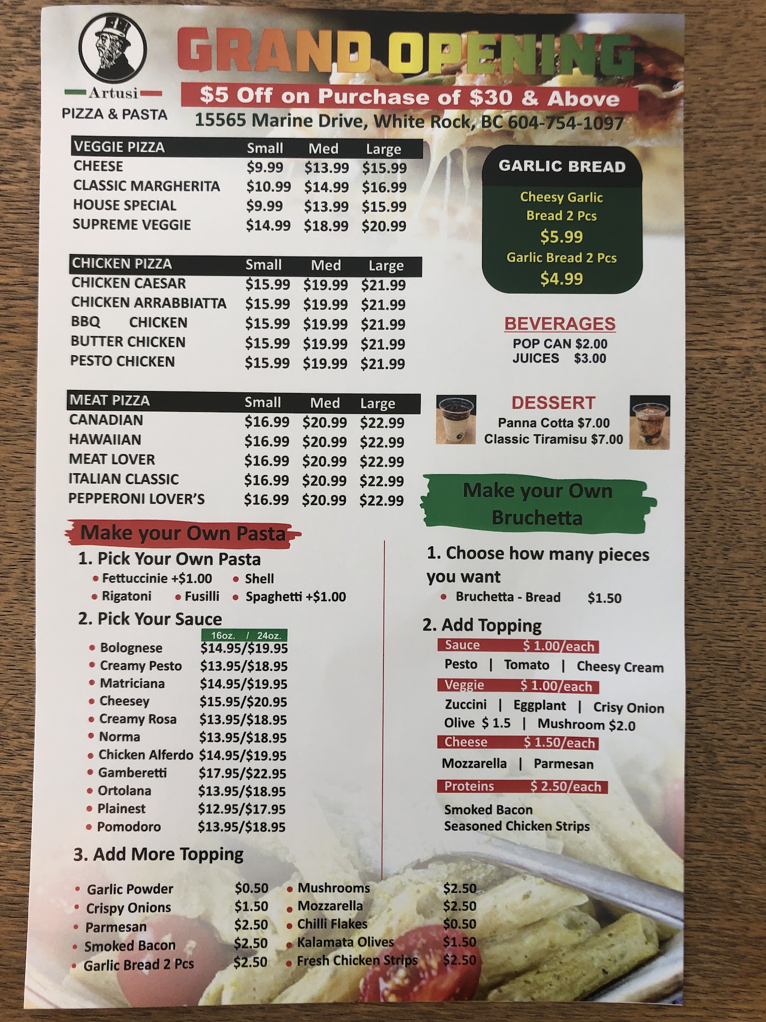 ARTUSI PIZZA AND PASTA Menu