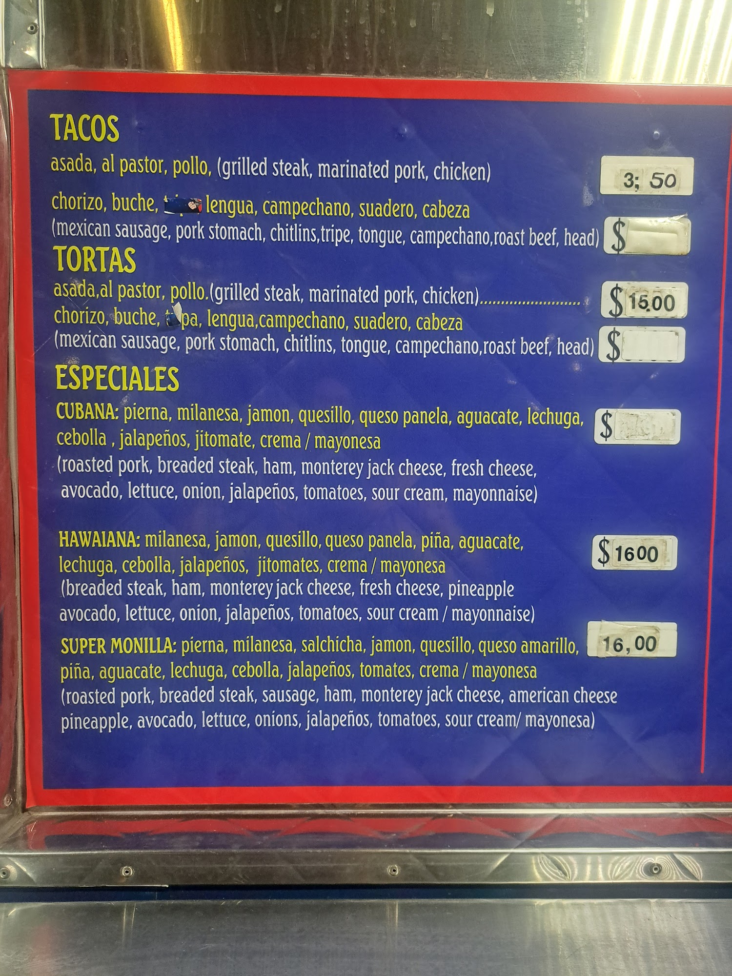 Tacos Super Monilla Menu