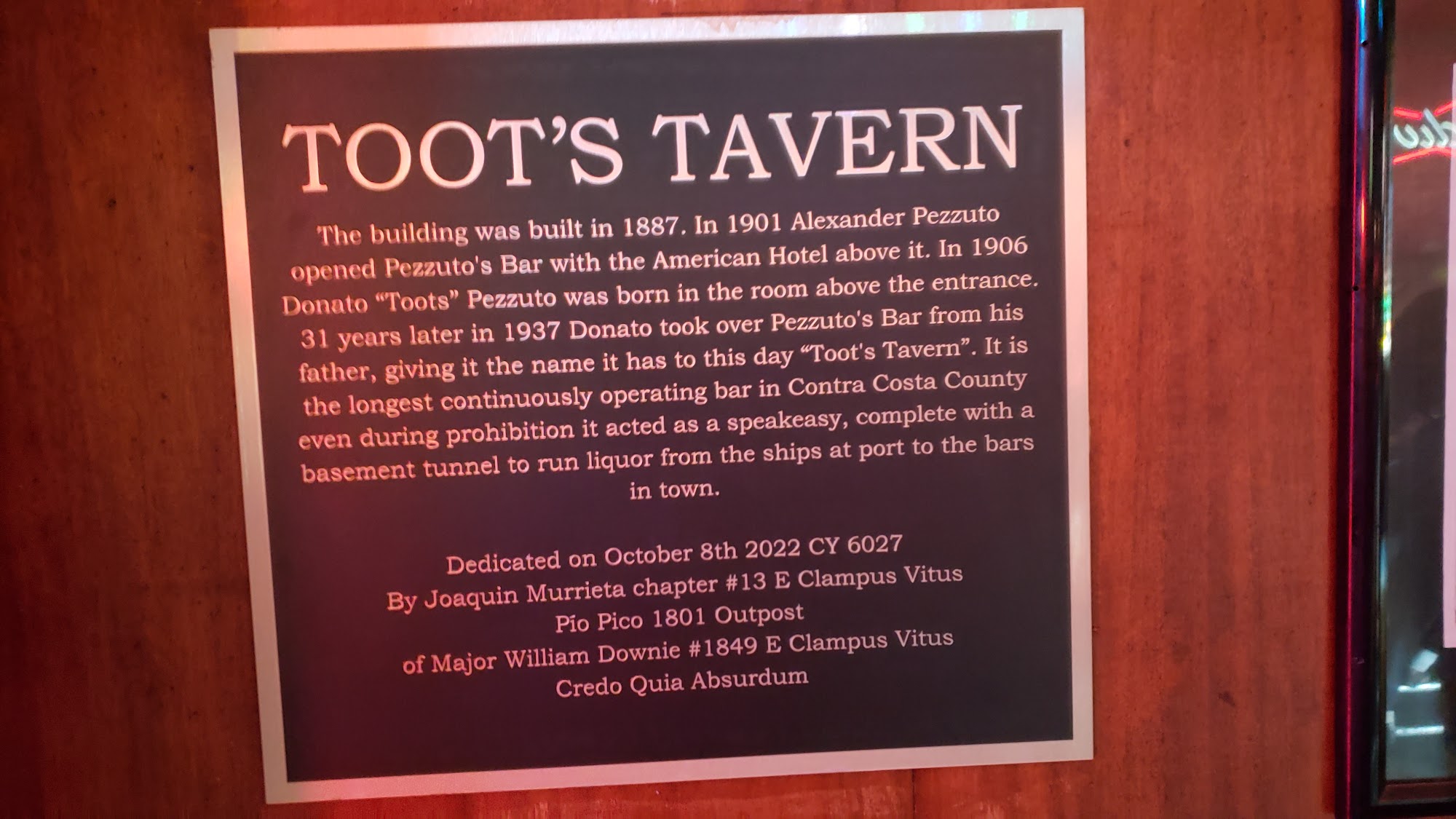 Toot's Tavern Menu