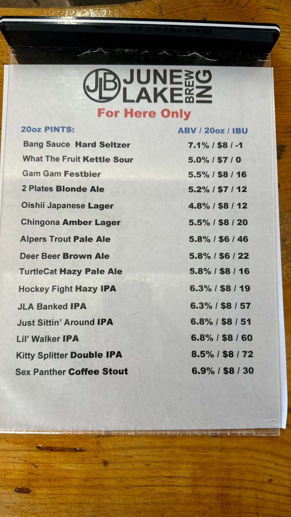 June Lake Brewing Menu