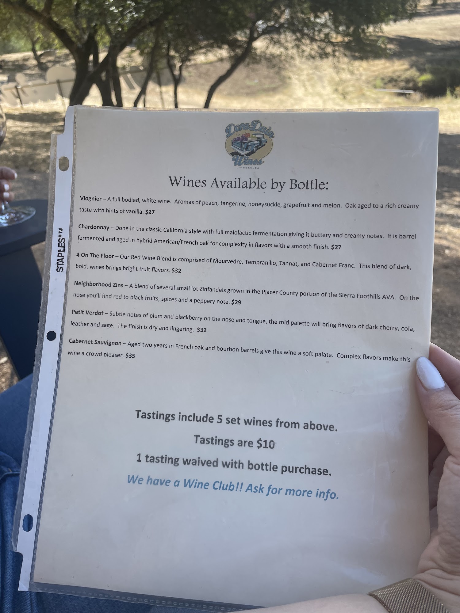 Dora Dain Wines Menu