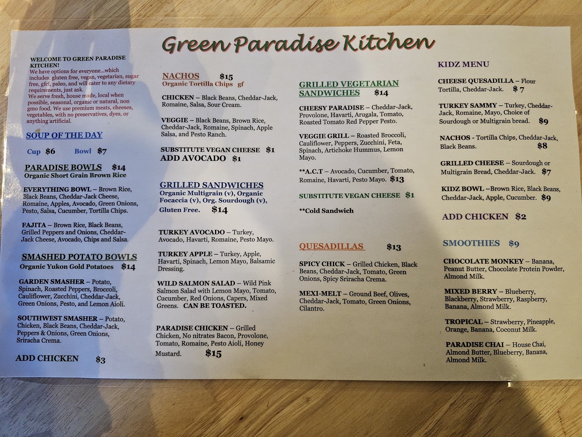 Green Paradise Cafe Menu