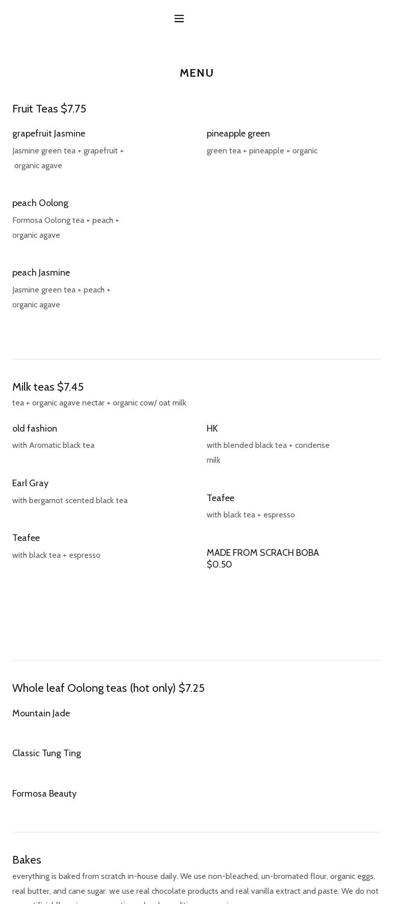 Tru Tea Menu
