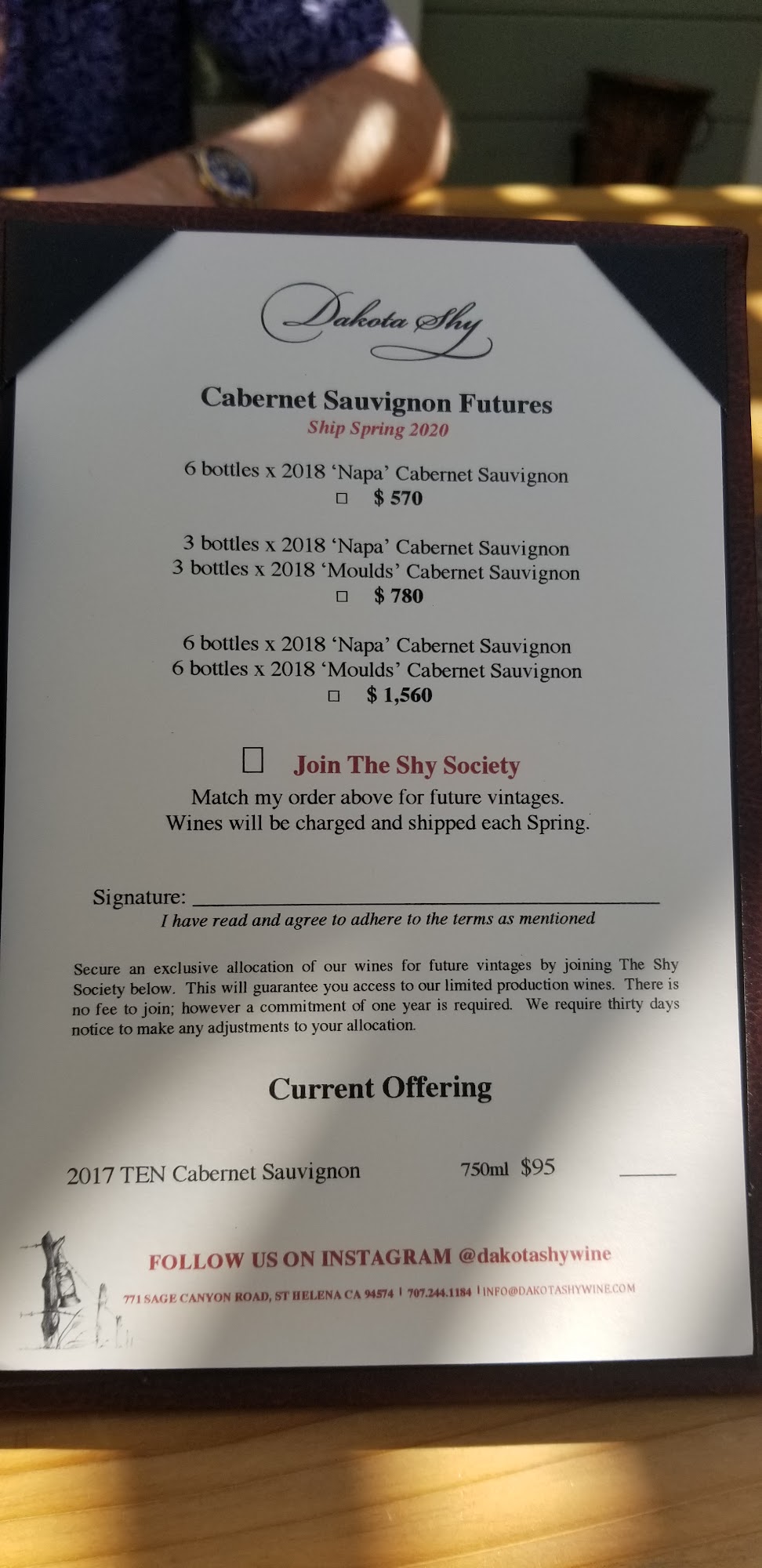 Dakota Shy Winery Menu