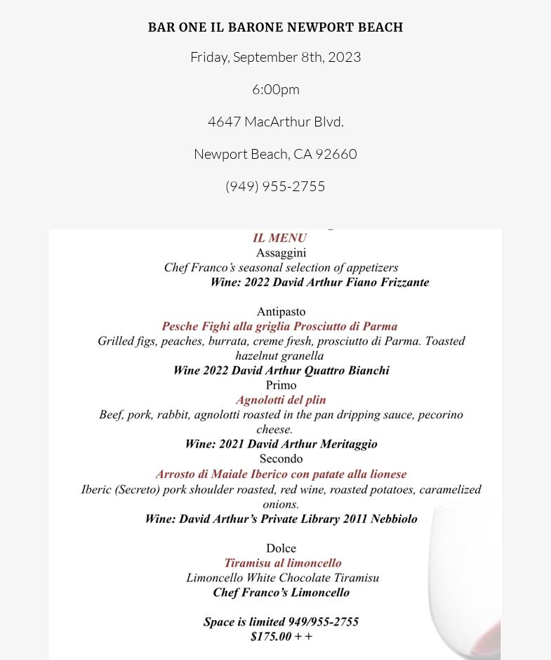 David Arthur Vineyards Menu