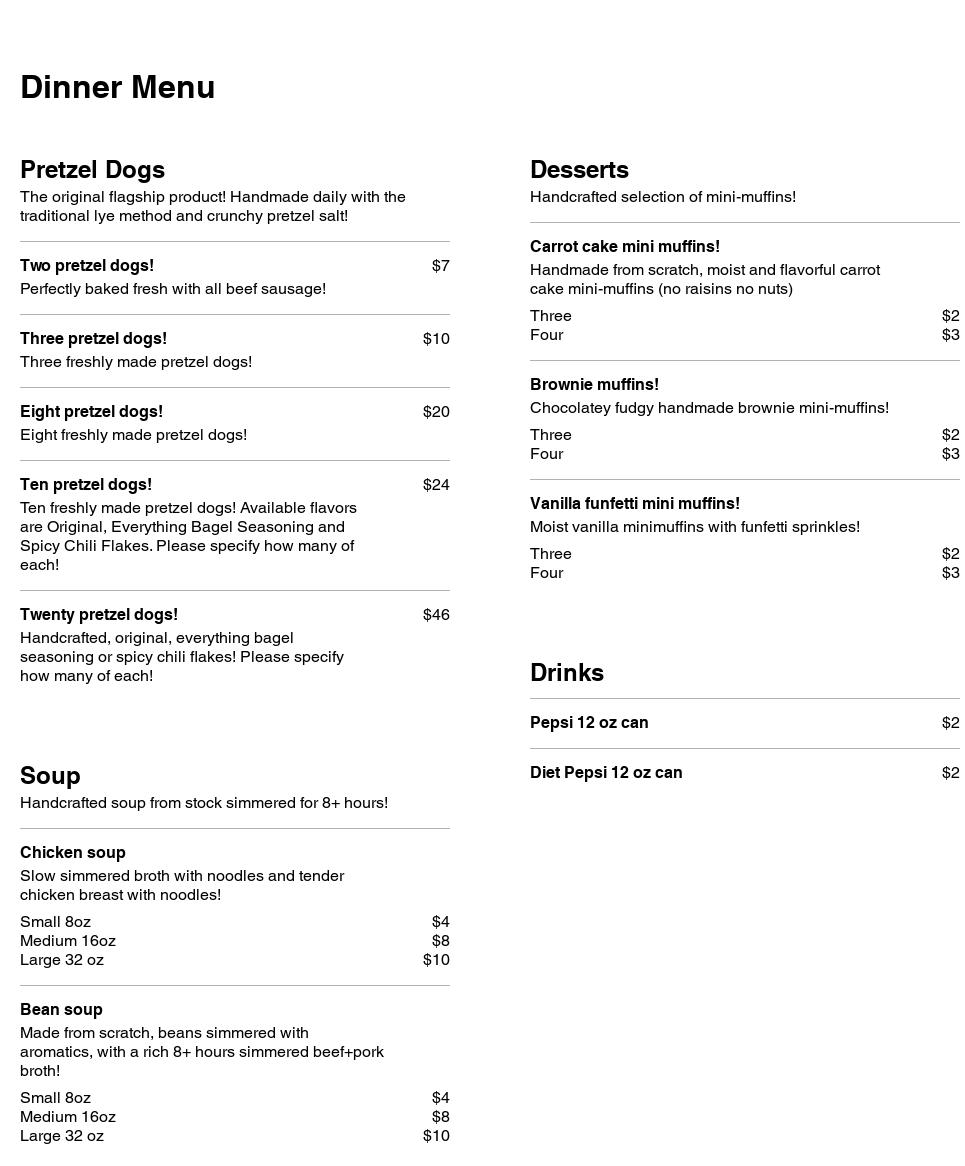 Mountain View Pretzel Dogs And Specialty Foods Menu