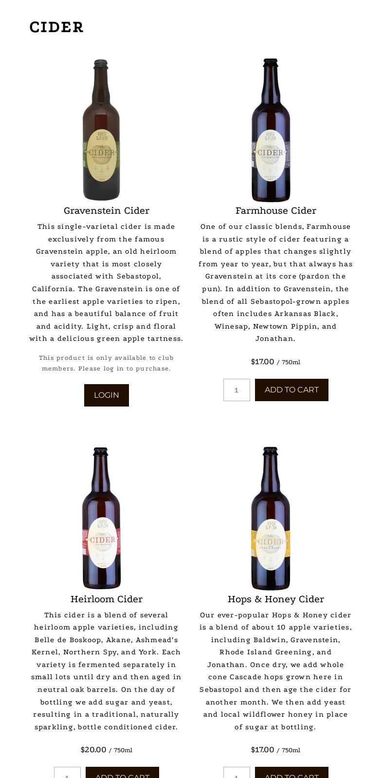 Horse & Plow Tasting Room Menu