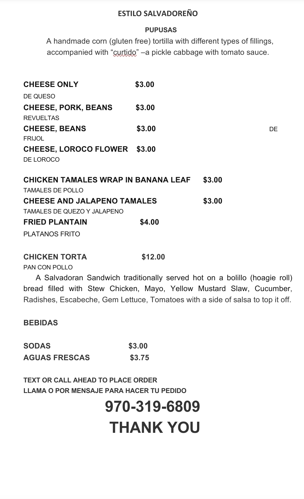 Estilo Salvadoreno Menu