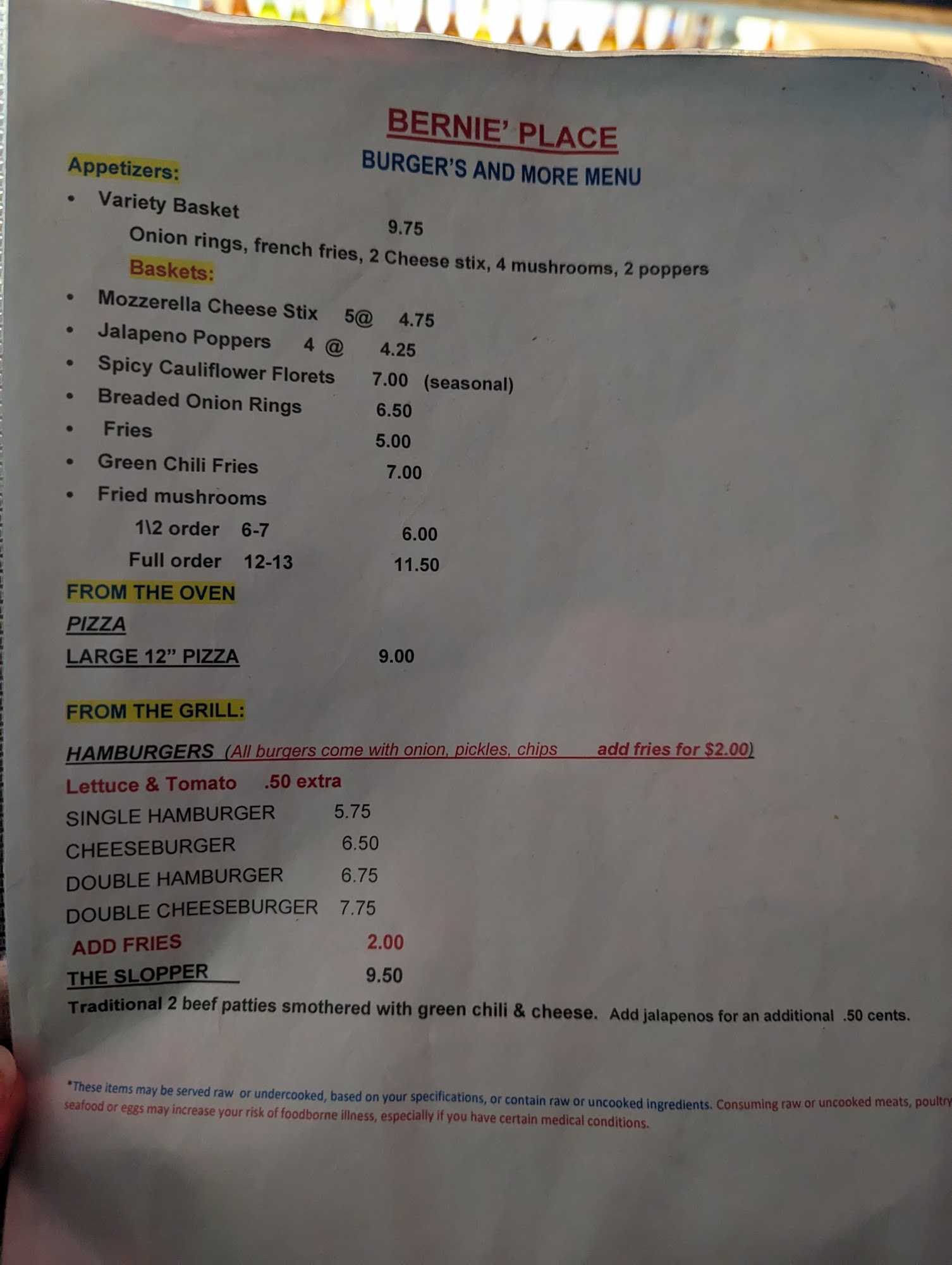 Bernies Place Menu