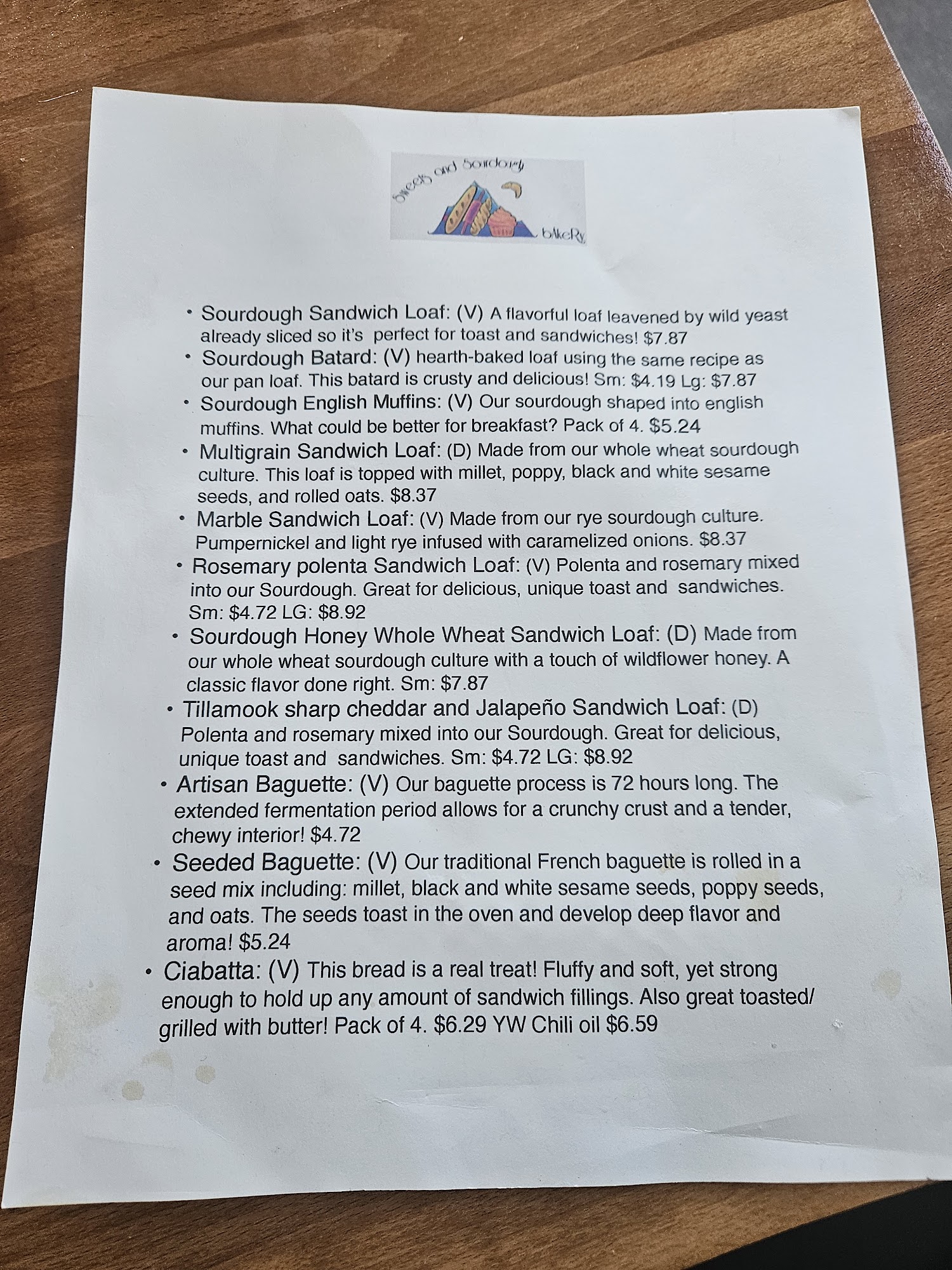 Sweets & Sourdough Menu