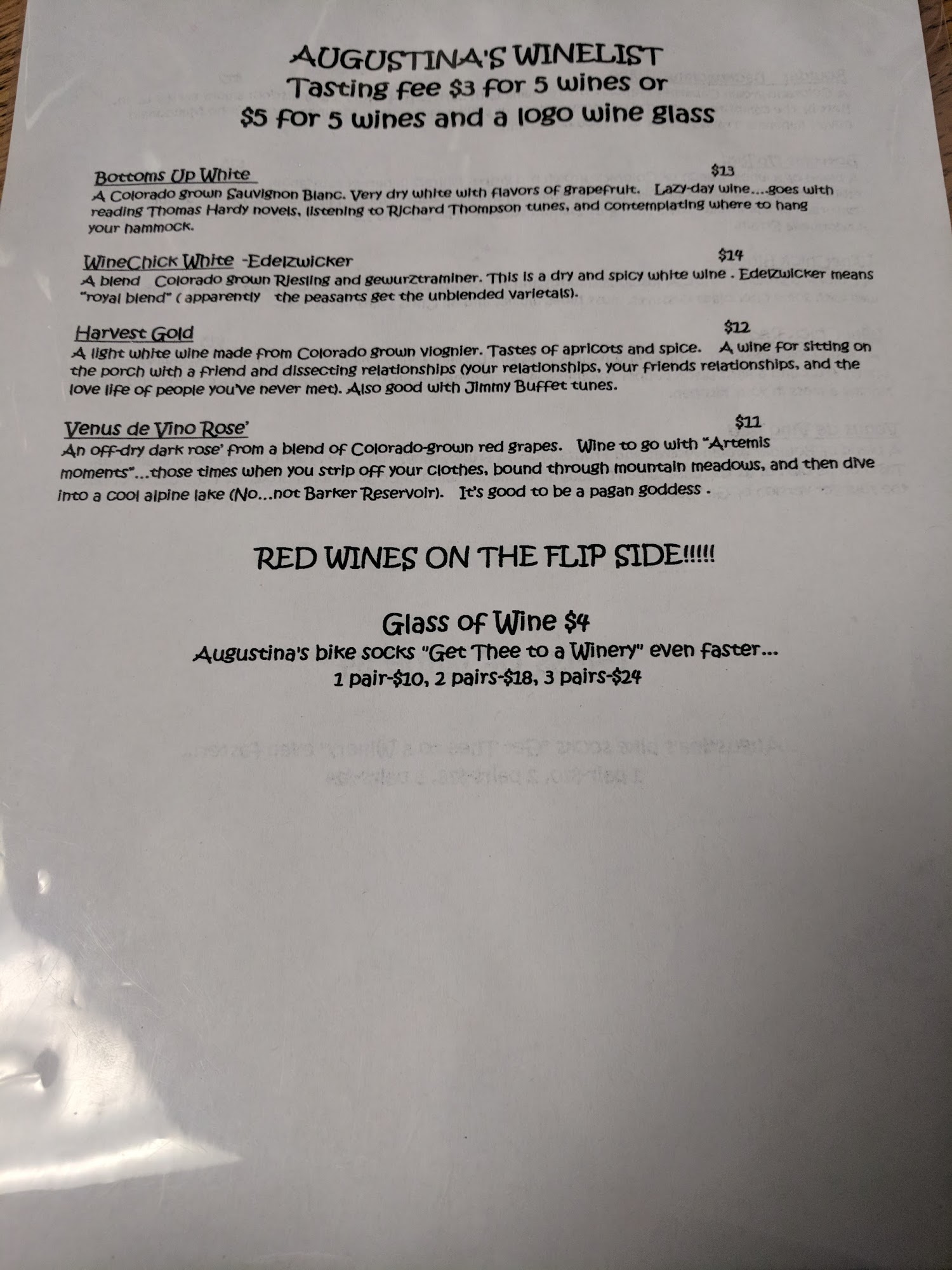 Augustina's Winery Menu