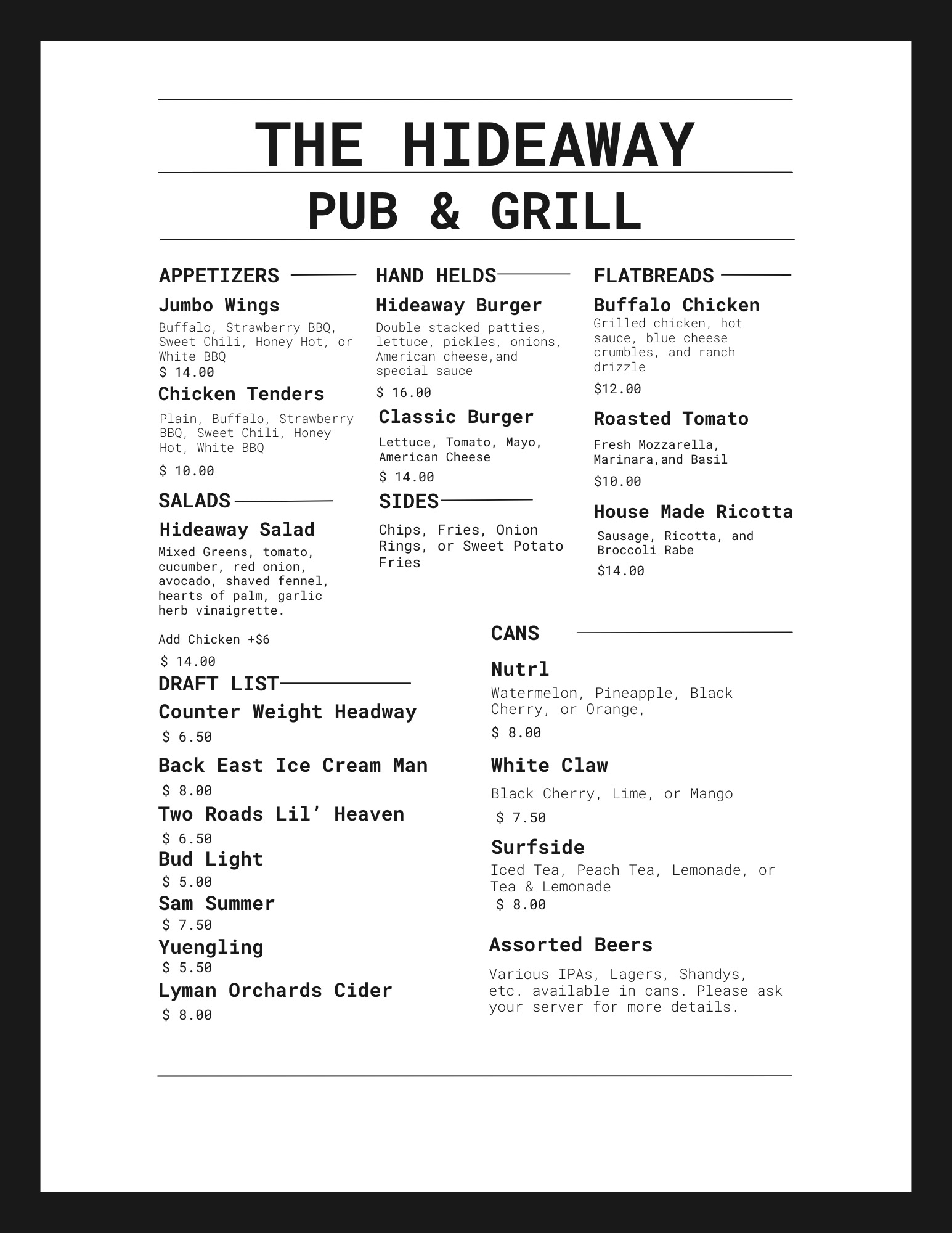 Hideaway Pub & Grill Menu