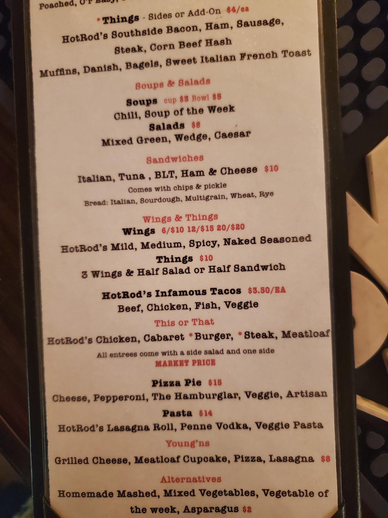 Hotrod's Spotlight Lounge Menu
