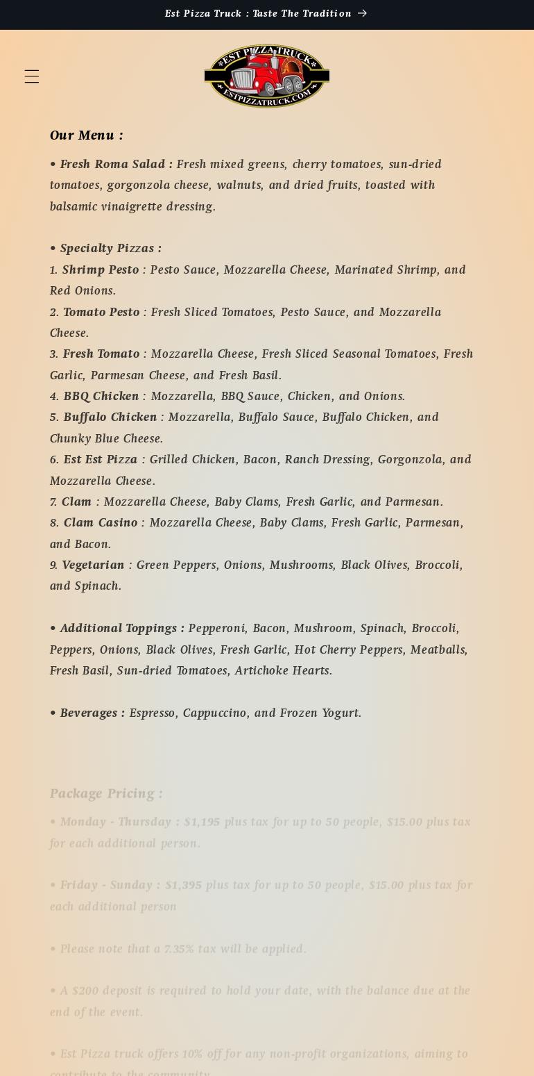 EST Pizza Truck Menu