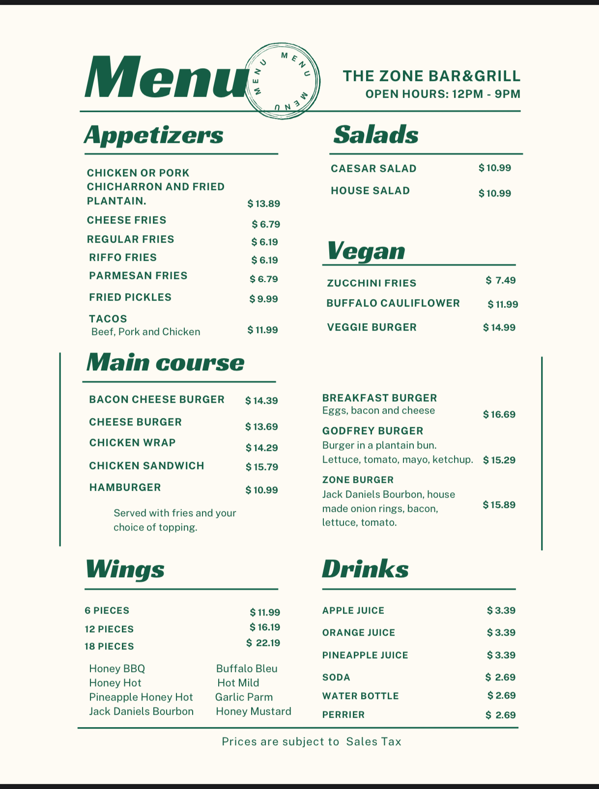The Zone Bar Menu