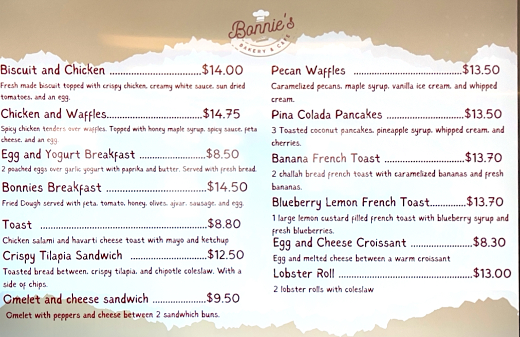 Bonnies Bakery and Cafe Menu