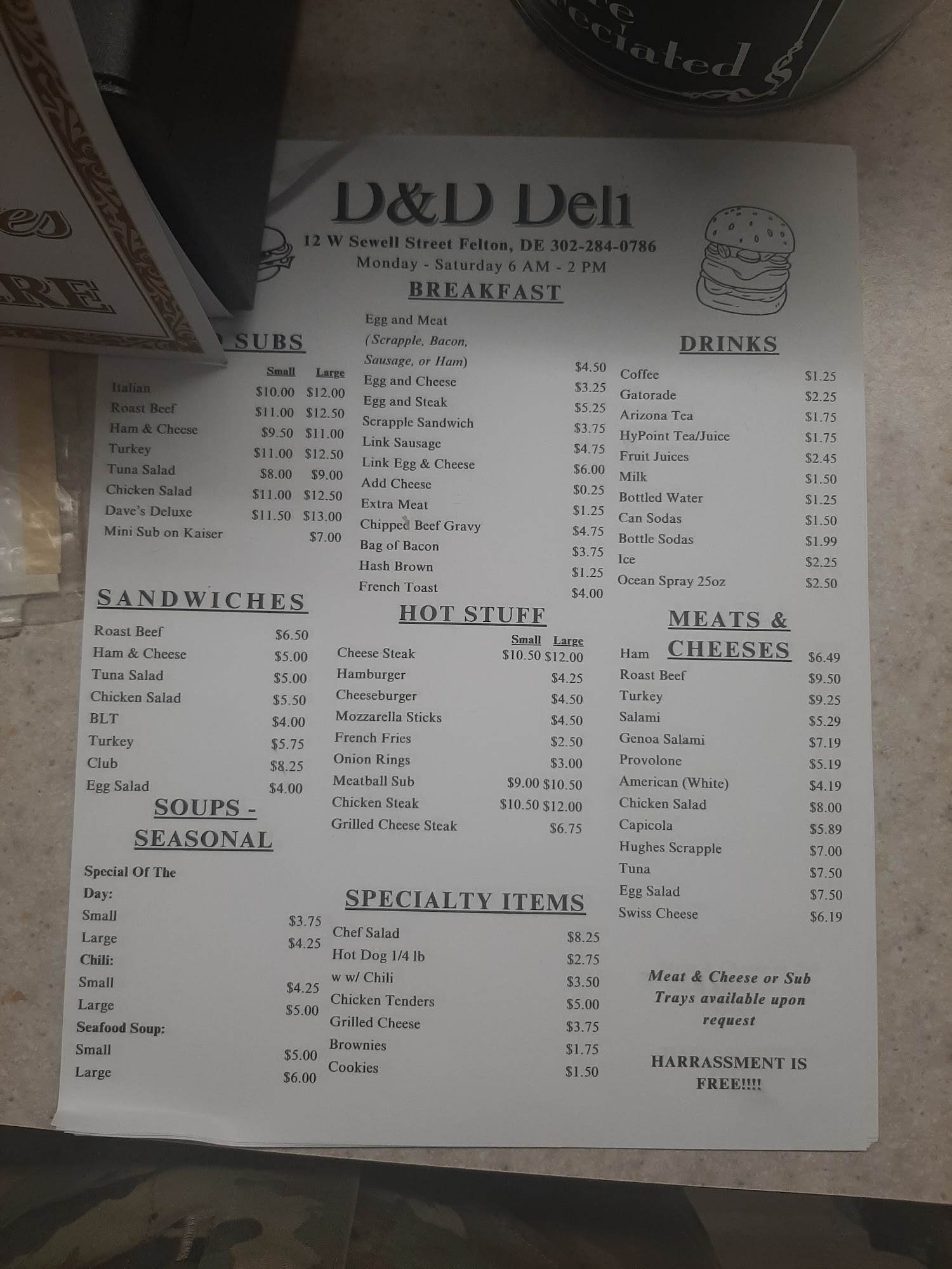 D & D Deli Menu