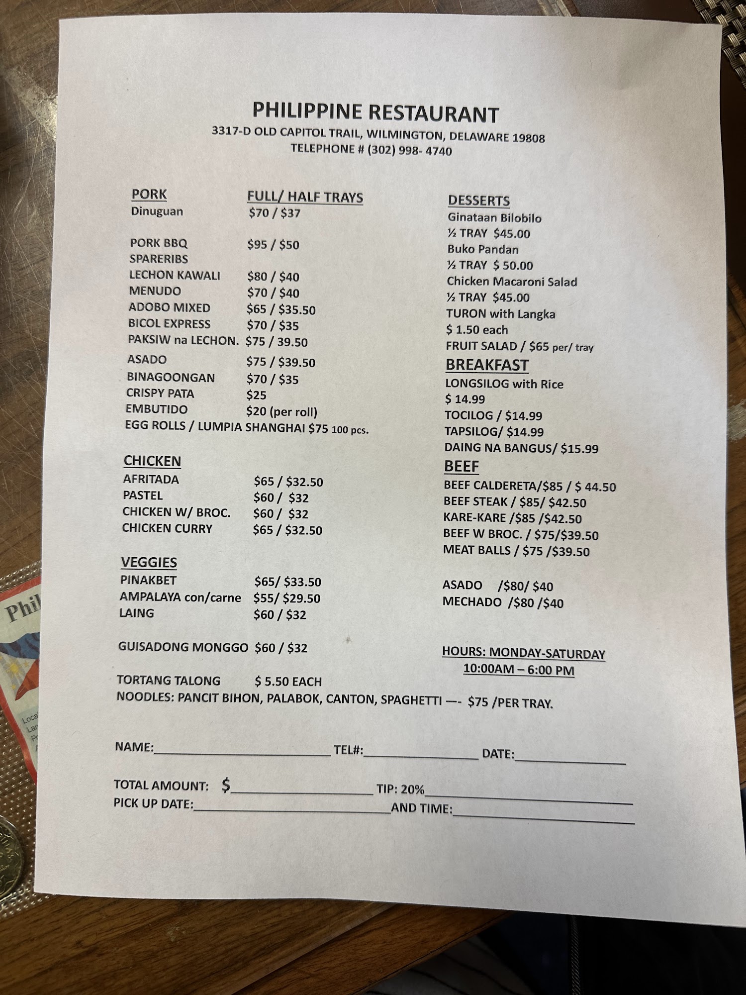 Philippine Bread House & Restaurant Menu