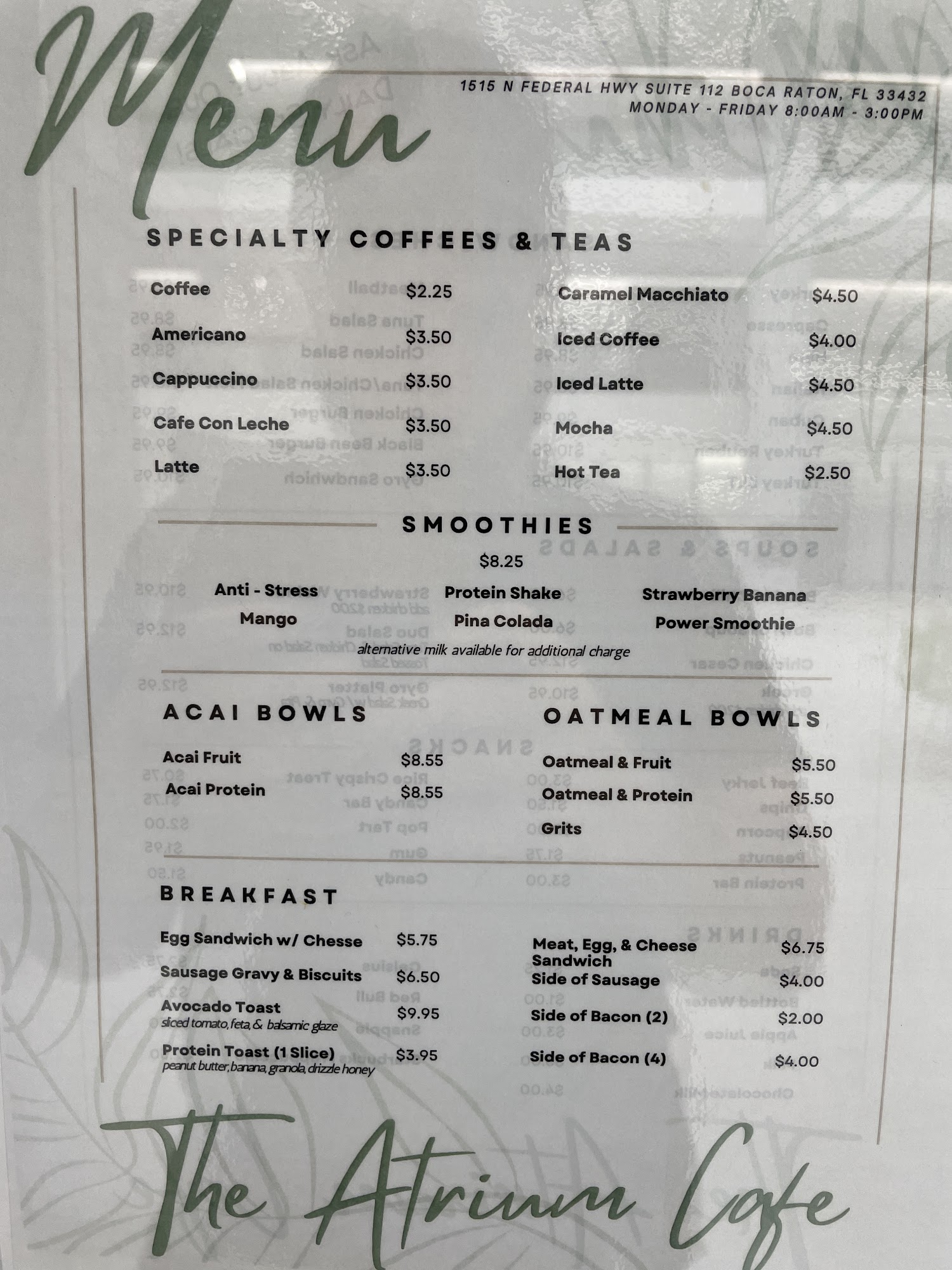 Atrium Cafe Menu