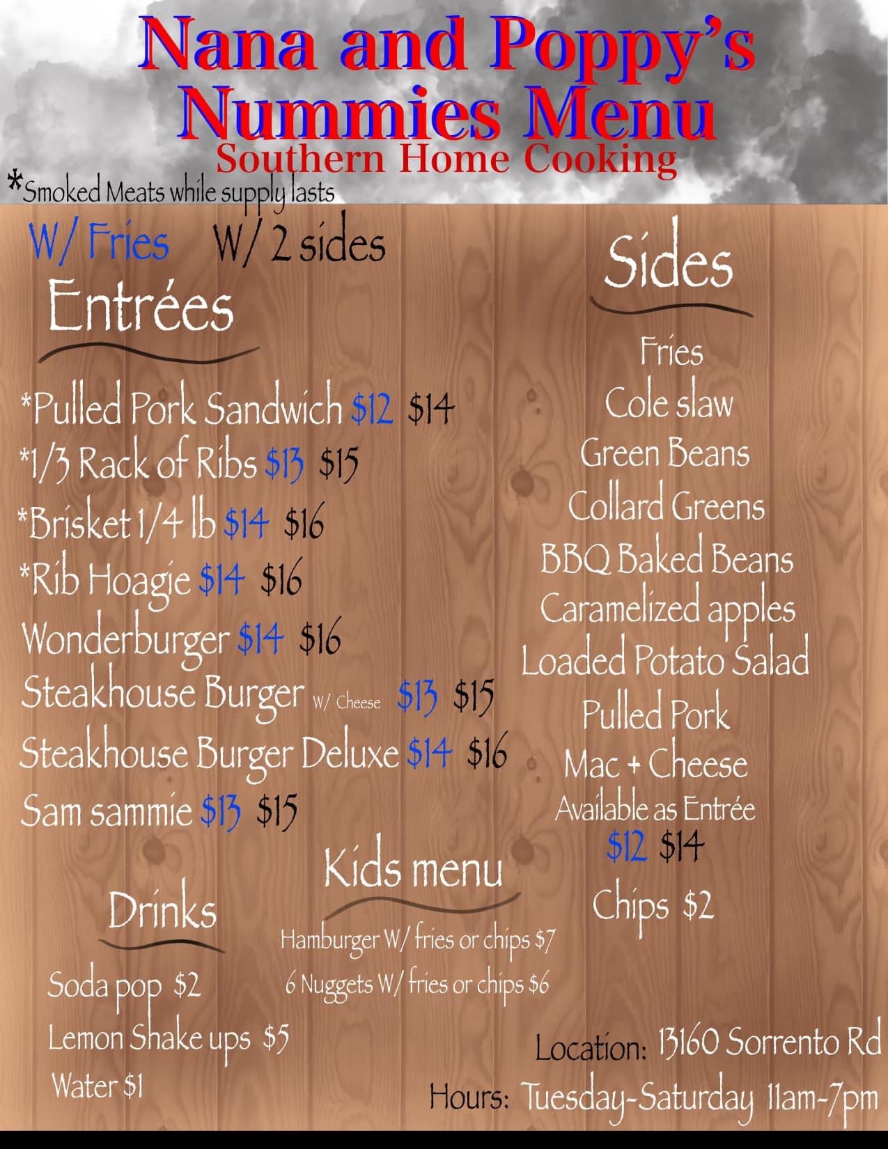 Nana and Poppy’s Nummies Menu