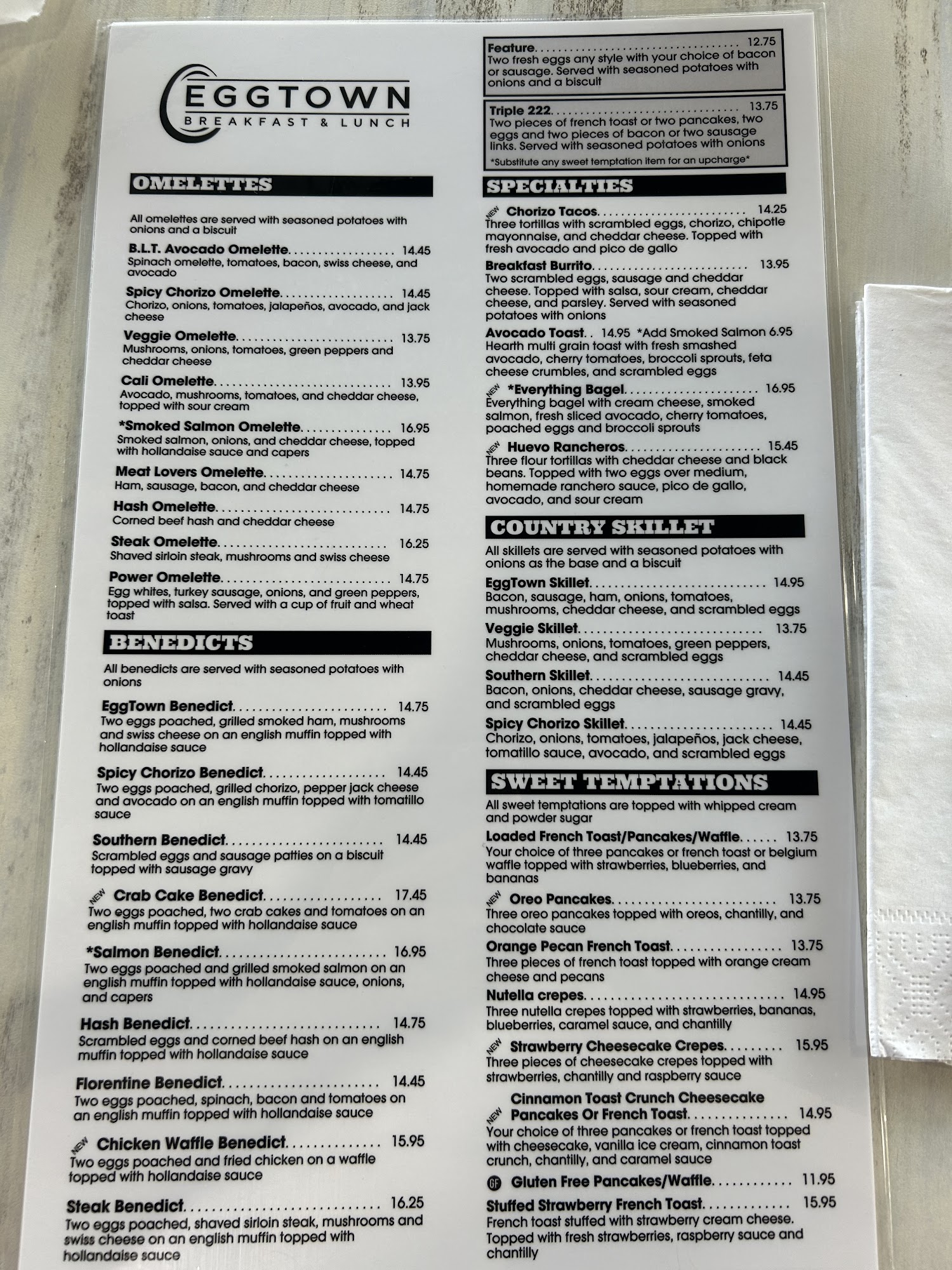 Eggtown Menu