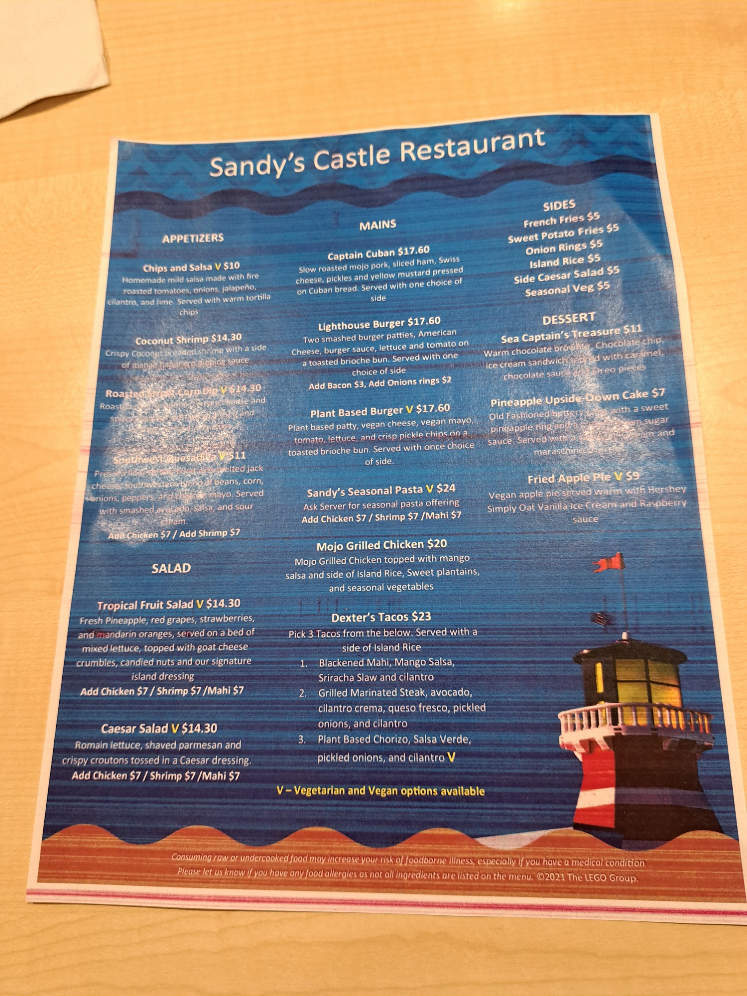 Sandy's Castle Restaurant at The Beach Retreat Menu