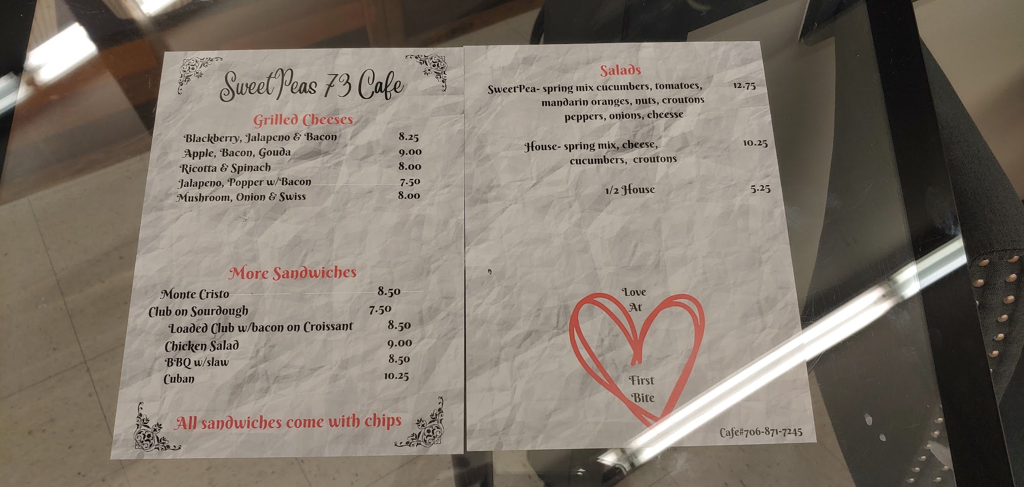 SweetPeas 73 Cafe Menu