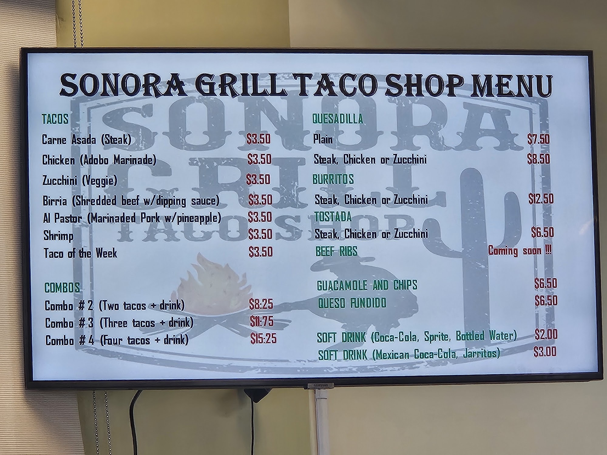 Sonora Grill Taco Shop Menu