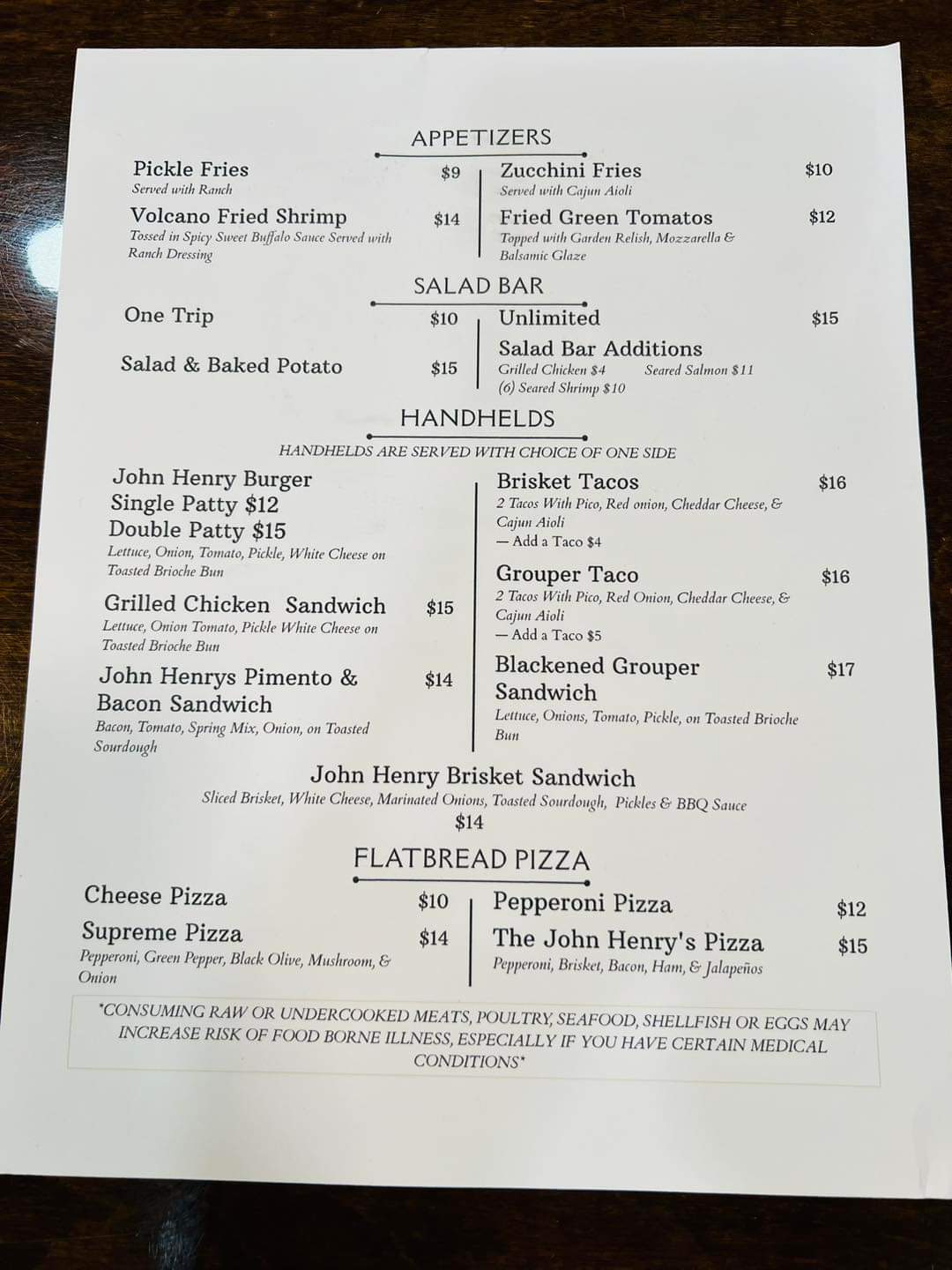 John Henry's at Meadow Lakes Menu