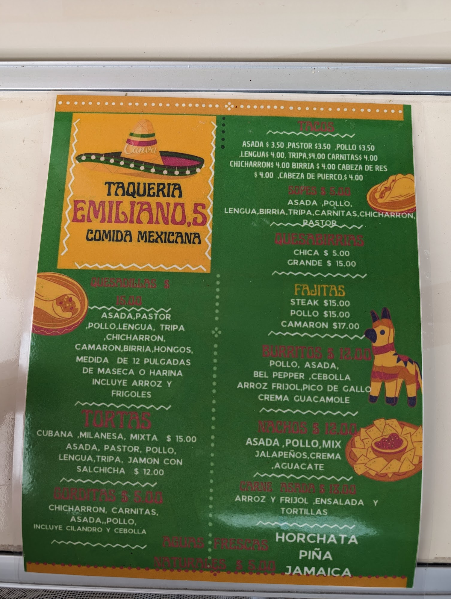 Emiliano's Taqueria Menu