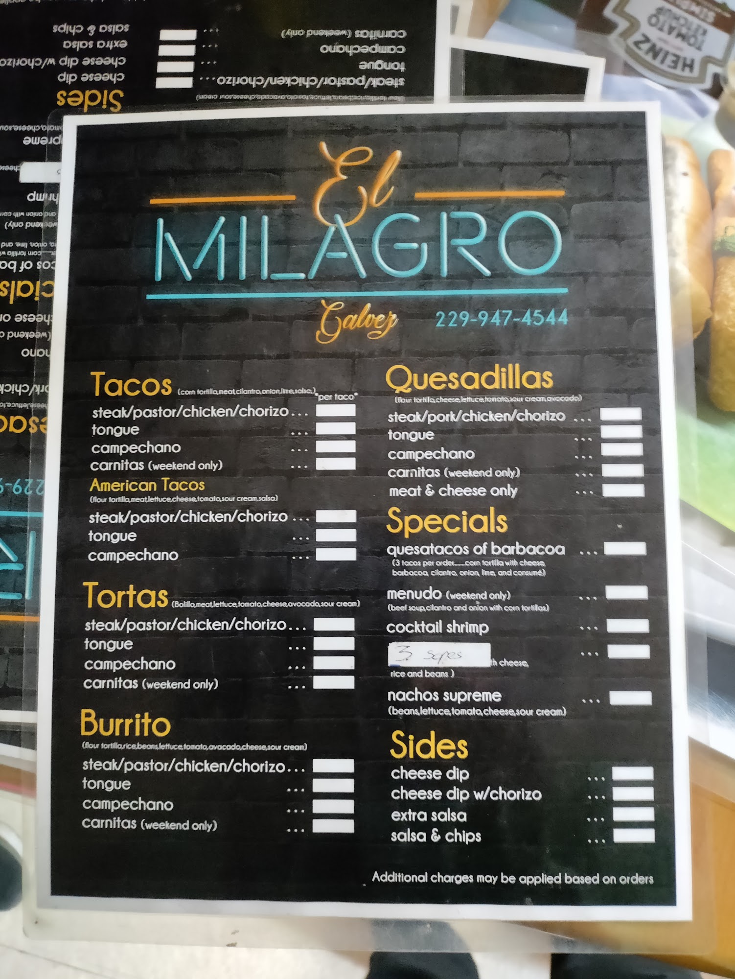 El Milagro Menu