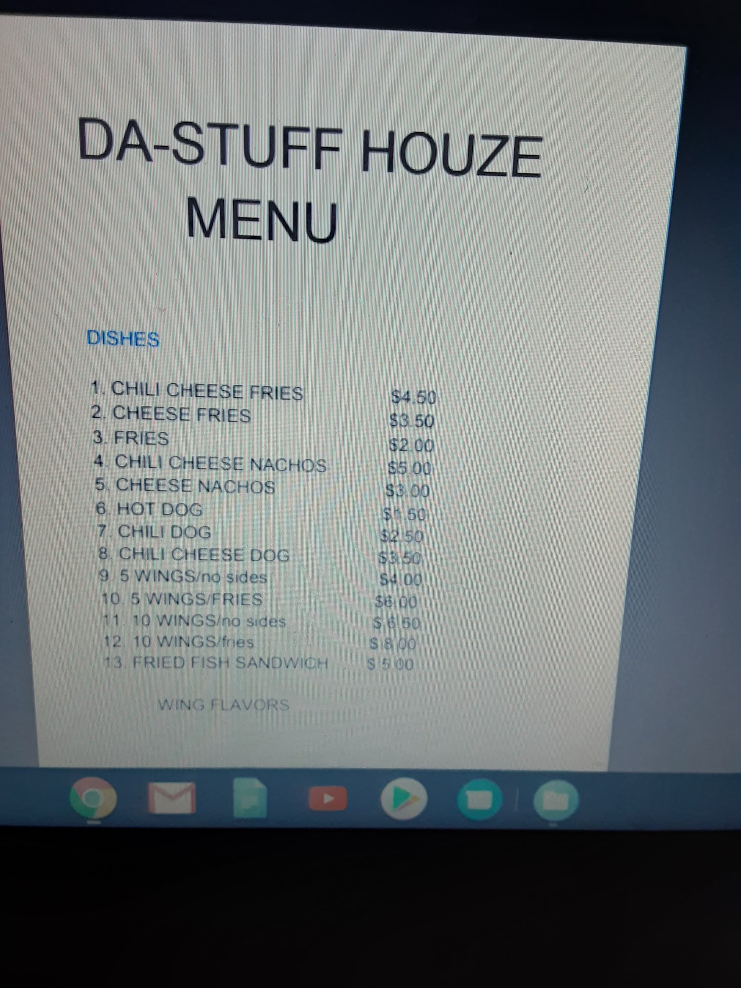 Da Stuff House Menu