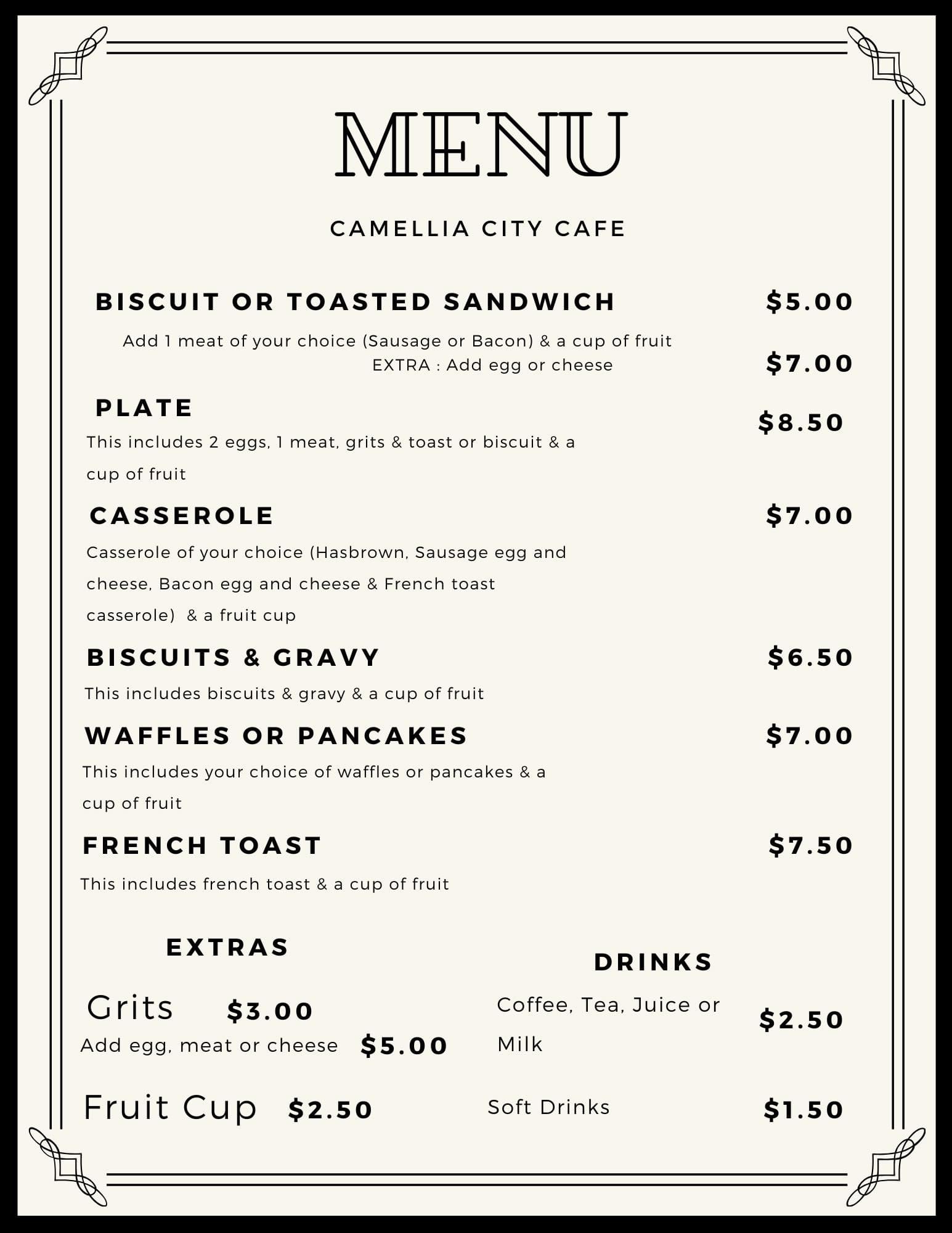Camellia City Cafe Menu