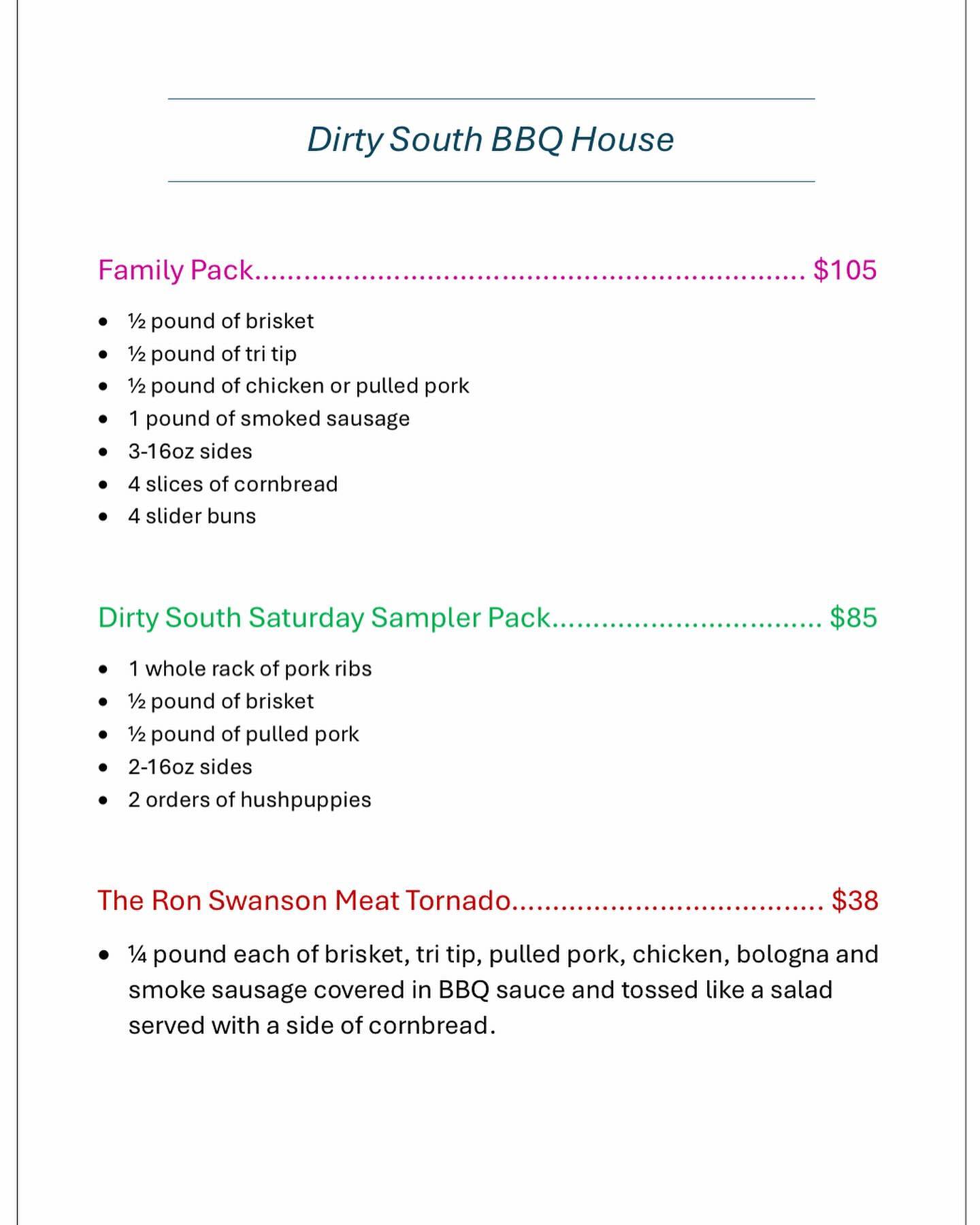 Dirty South BBQ & Fresh GA Produce Menu
